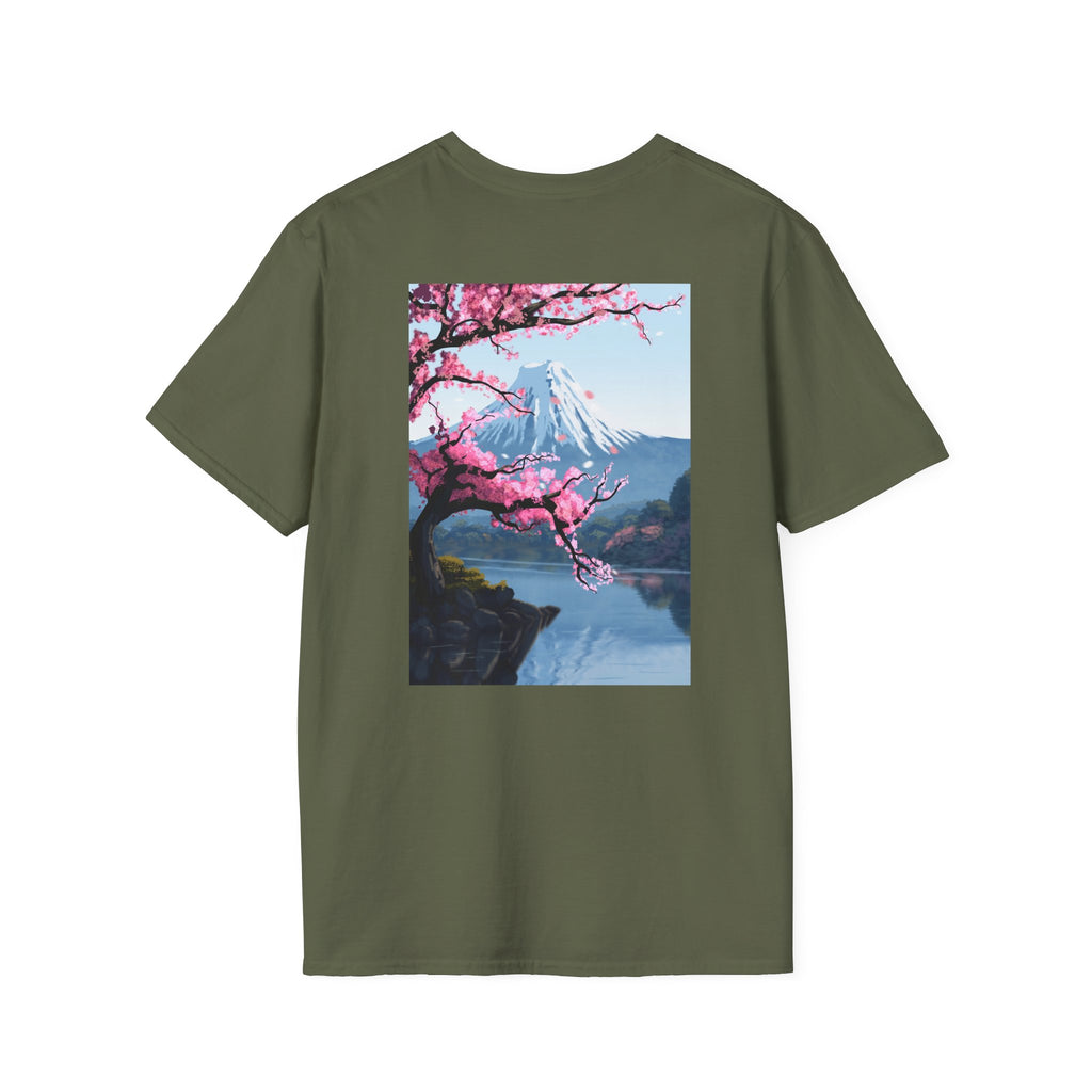 Scenic Sakura Mountain T-Shirt — Cherry Blossom & Snowy Peak Graphic Tee