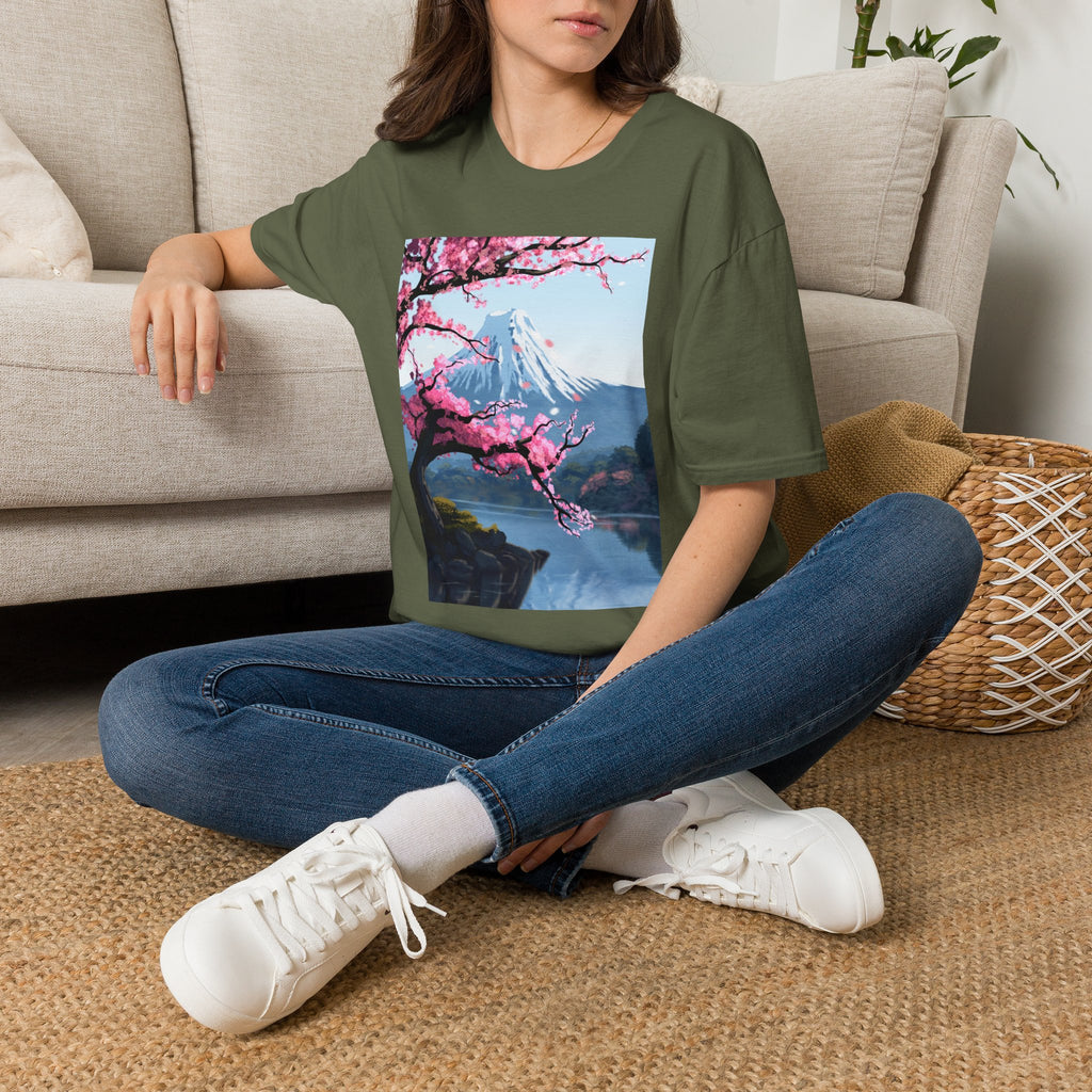 Scenic Sakura Mountain T-Shirt — Cherry Blossom & Snowy Peak Graphic Tee