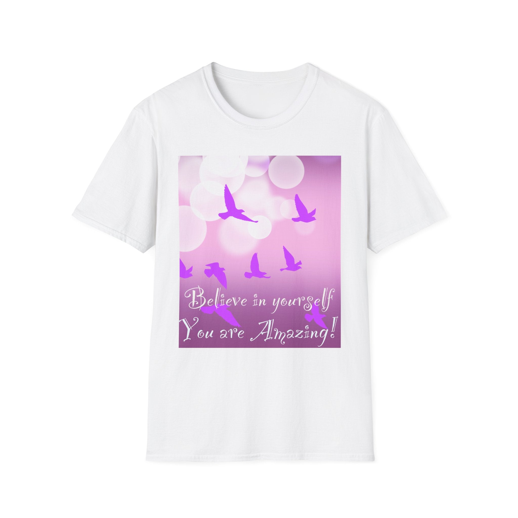 T-Shirt — "Believe in Yourself, You are Amazing" Pink Bokeh Bird Graphic