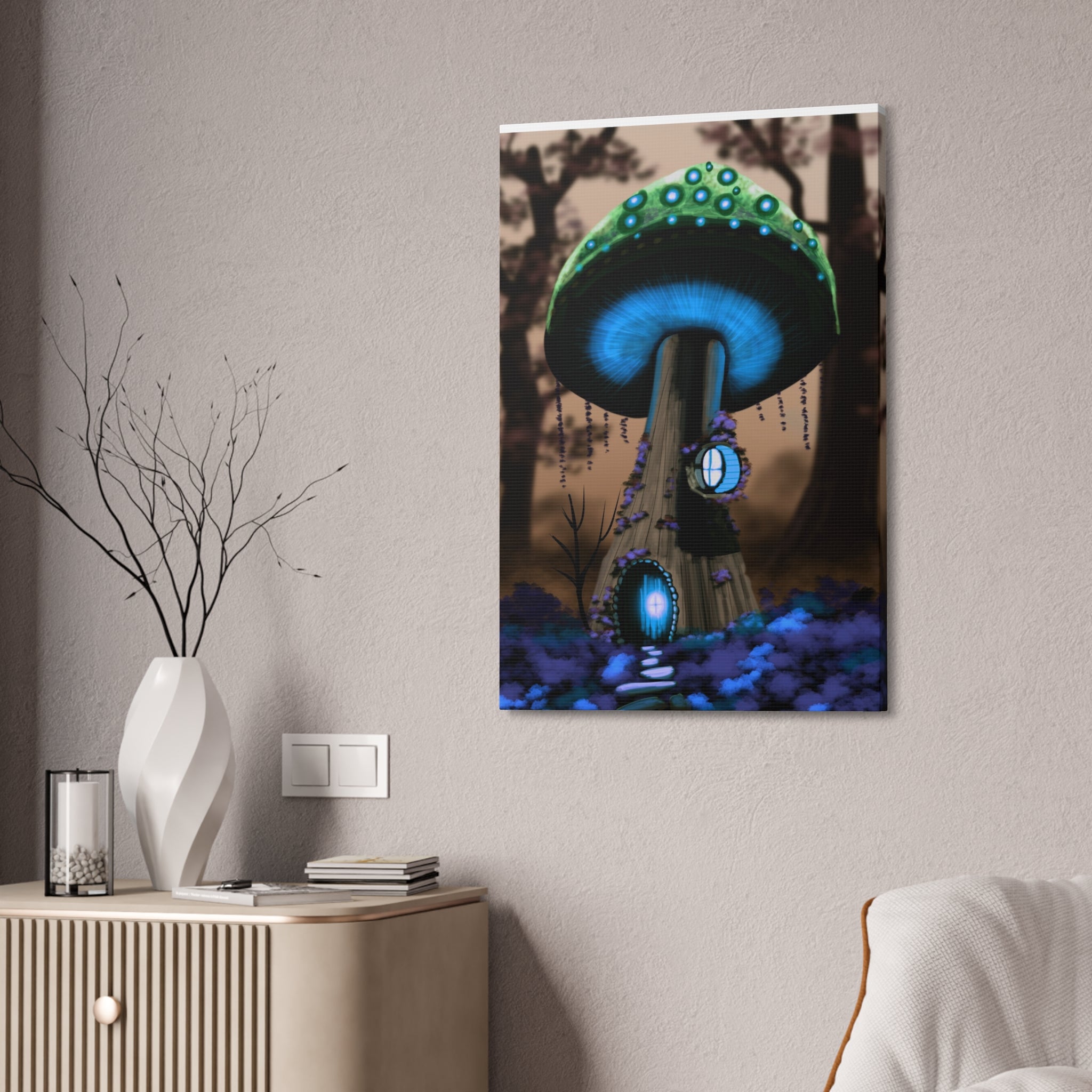 Mushroom House Canvas Print — Fantasy Woodland Wall Art