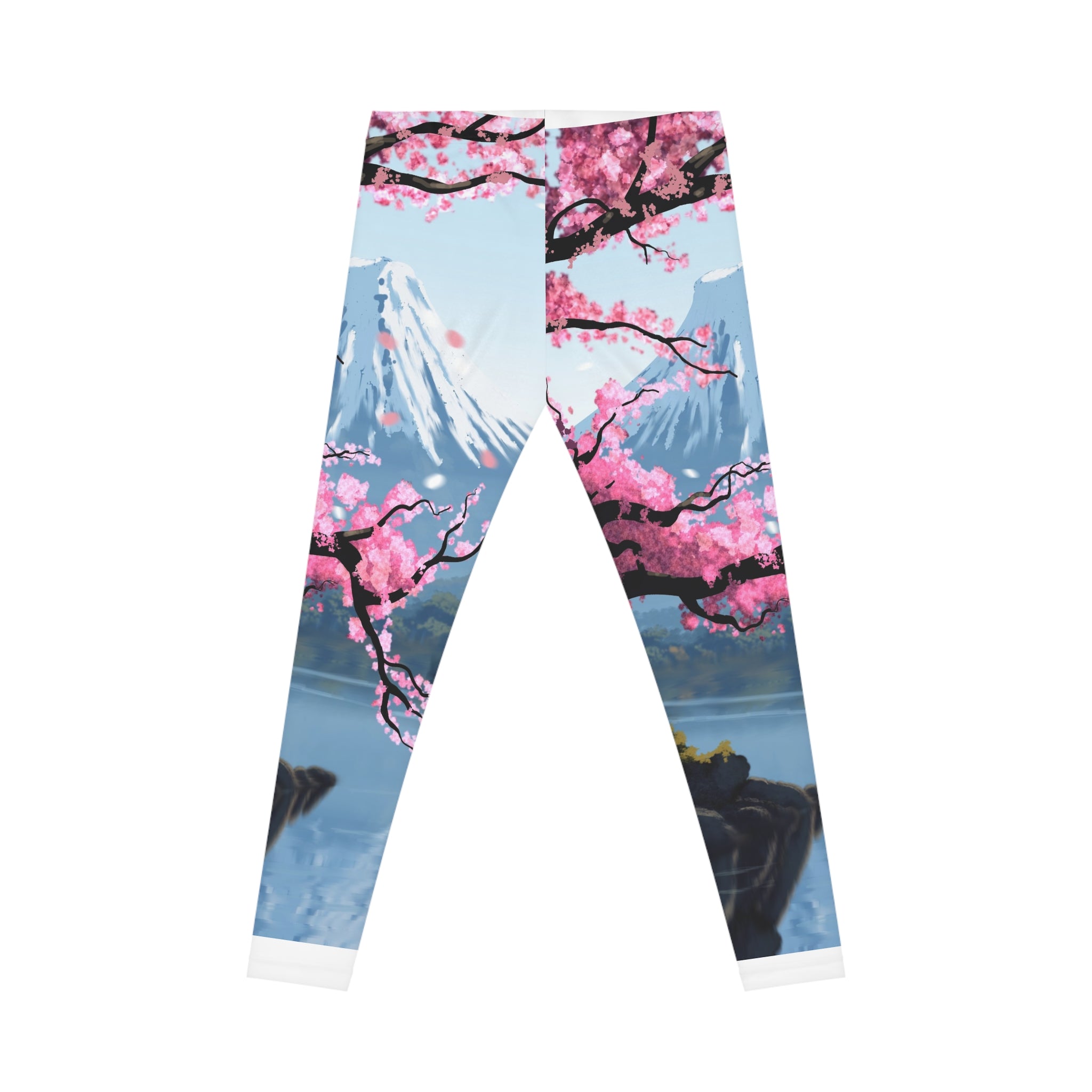 Cherry Blossom Mountains Leggings — Scenic Sakura All-Over Print
