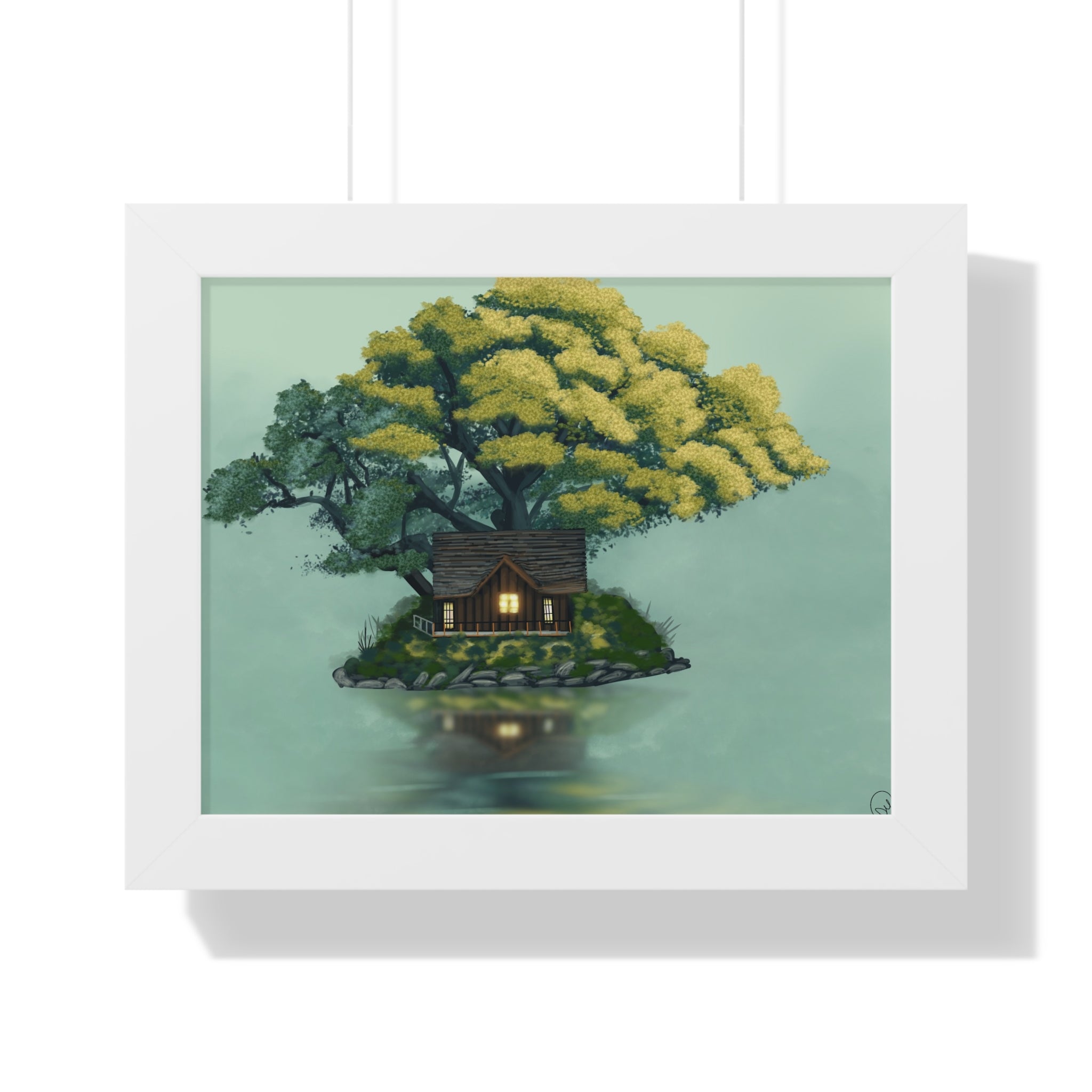 Framed Poster — Cozy Cabin on Floating Island Art Print