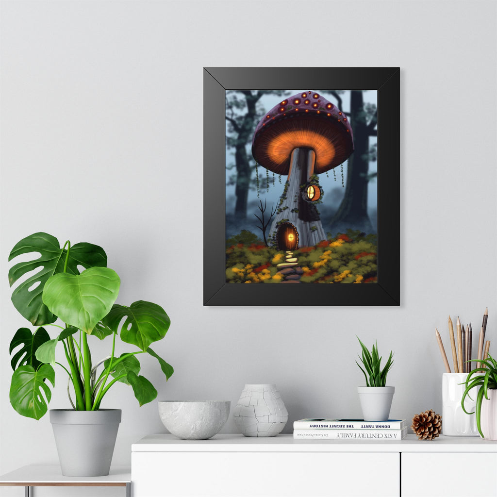 Mushroom Cottage Framed Poster — Whimsical Forest Fantasy Wall Art