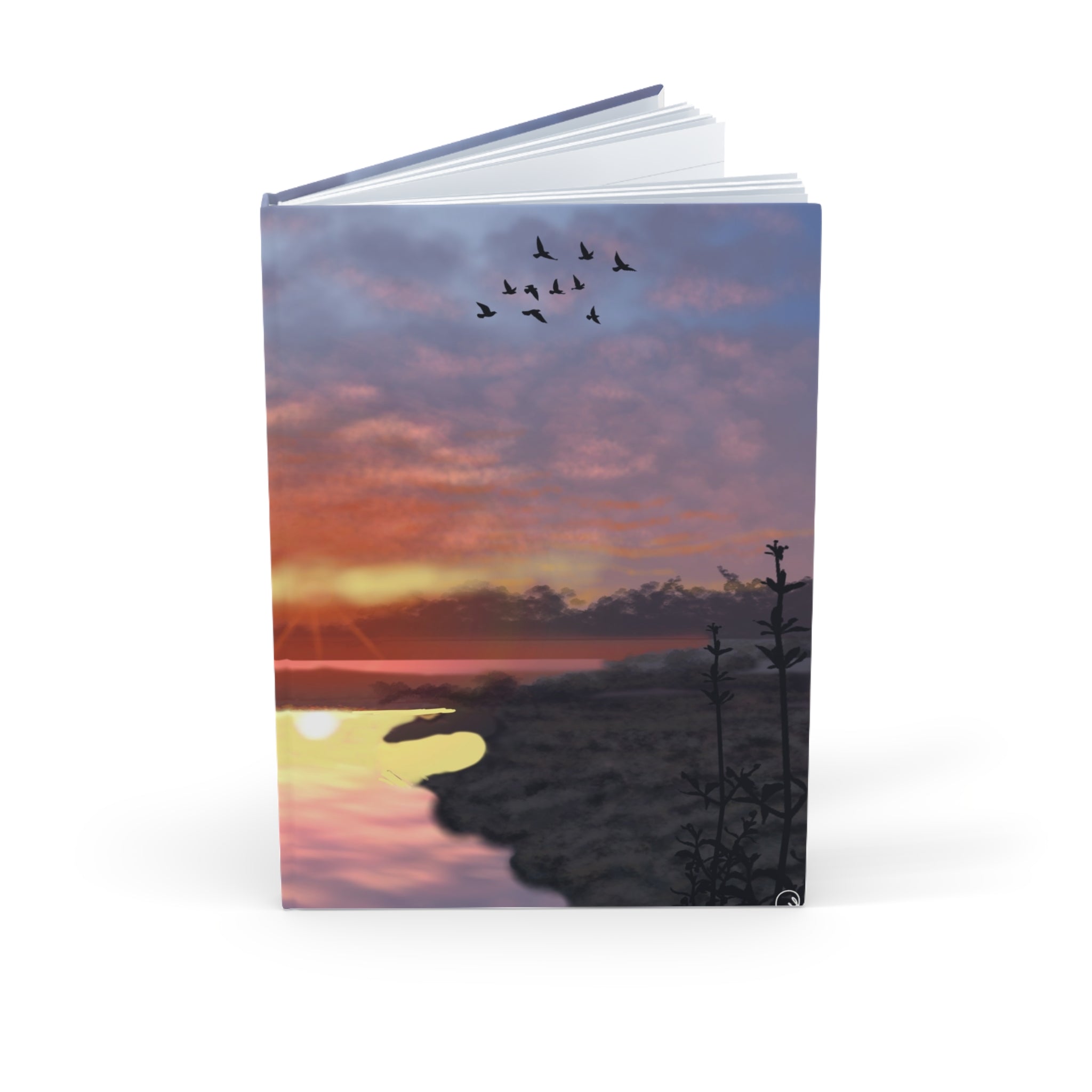Sunset Lakeside Hardcover Journal — Tranquil Tree & Flying Birds A5 Notebook