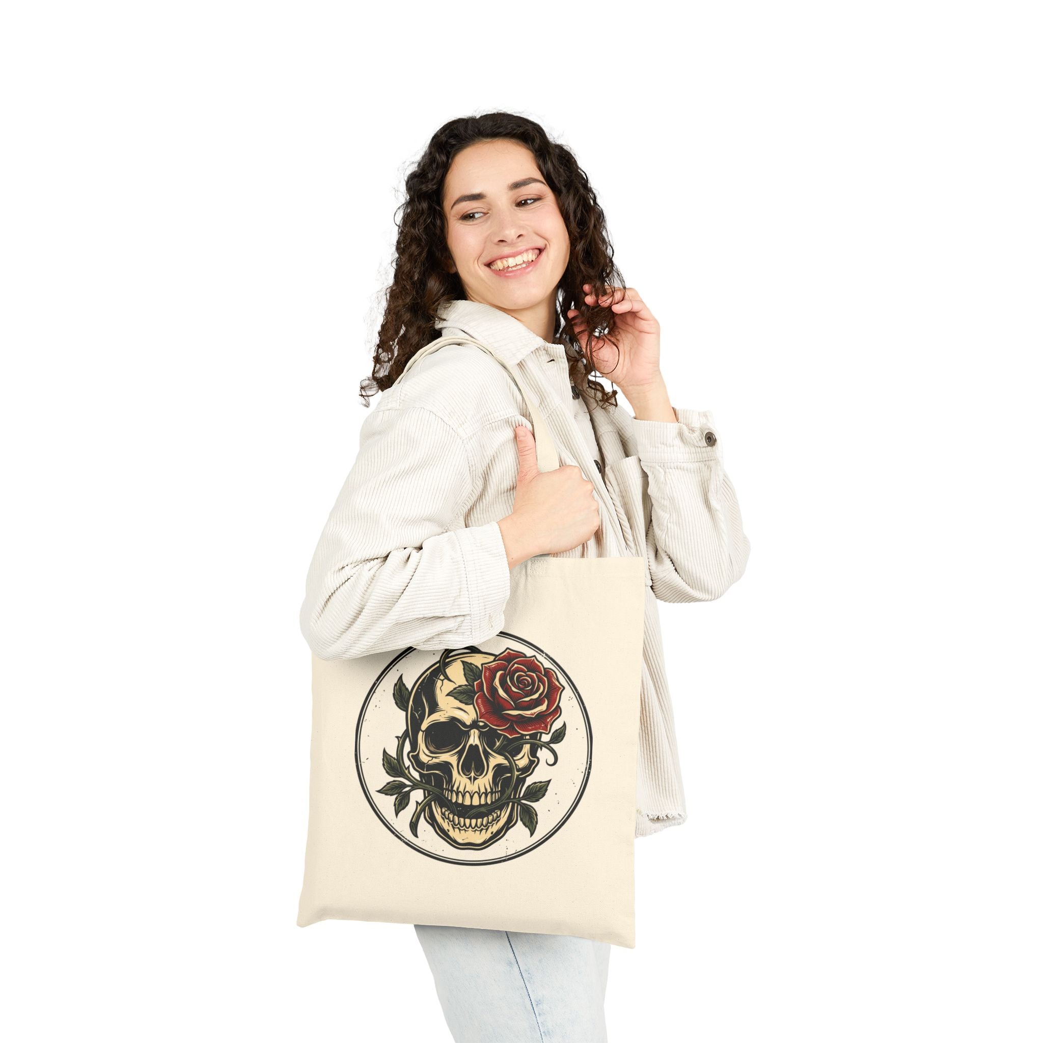 Skull & Rose Tote Bag — Gothic Canvas Shopper for Everyday, Concerts & Halloween