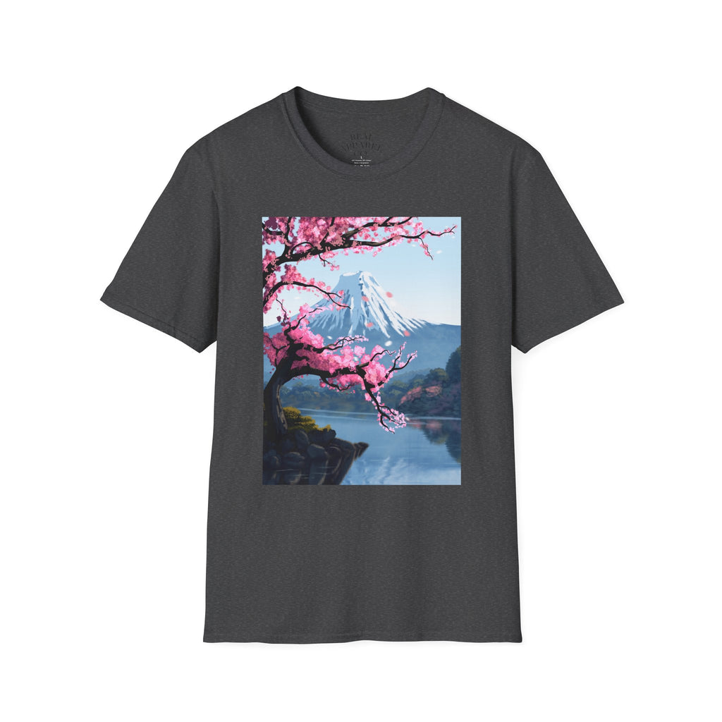 Scenic Sakura Mountain T-Shirt — Cherry Blossom & Snowy Peak Graphic Tee