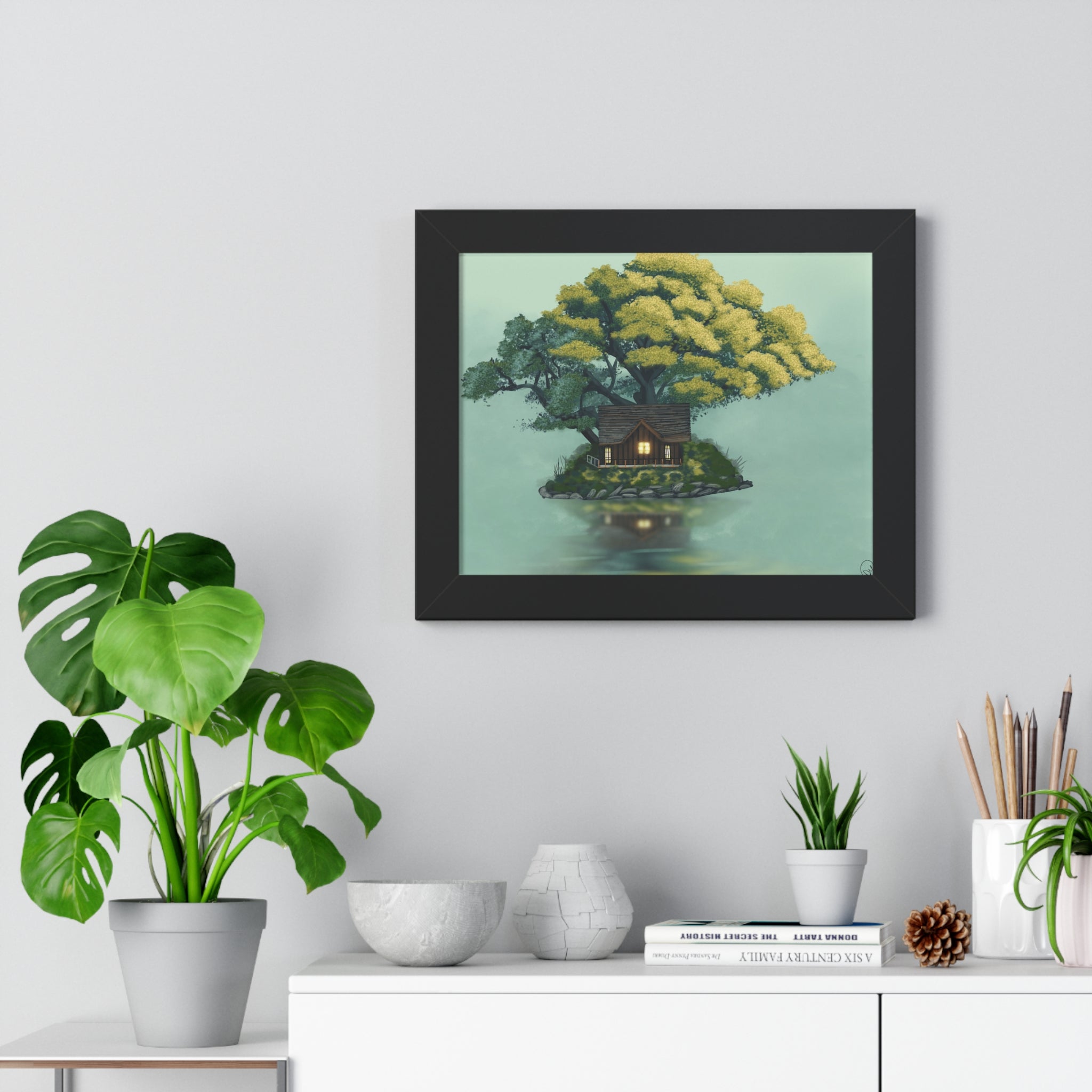 Framed Poster — Cozy Cabin on Floating Island Art Print