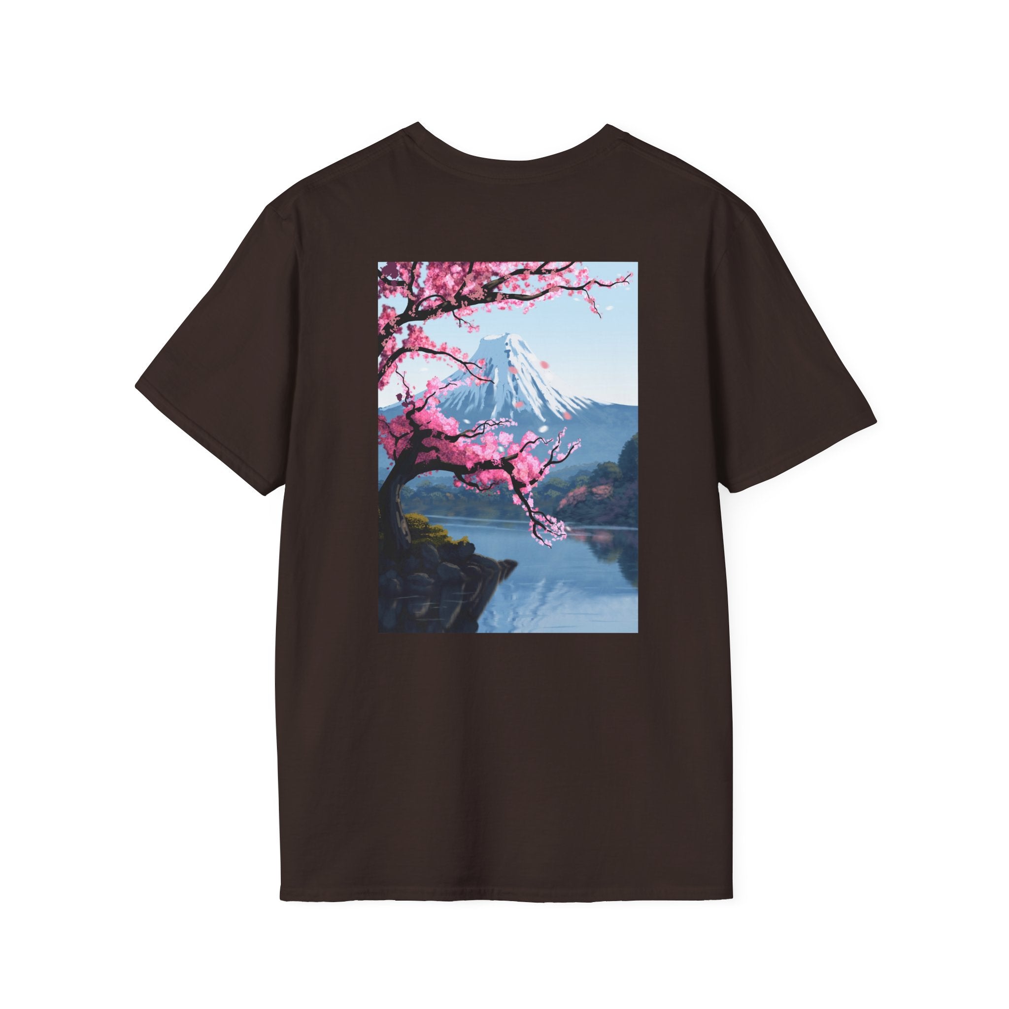 Scenic Sakura Mountain T-Shirt — Cherry Blossom & Snowy Peak Graphic Tee