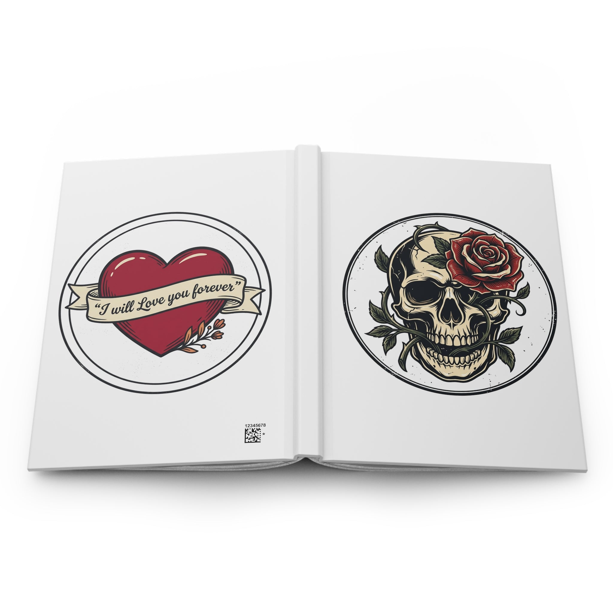 Hardcover Journal — Gothic Skull & Rose / 'I Will Love You Forever' Heart Notebook