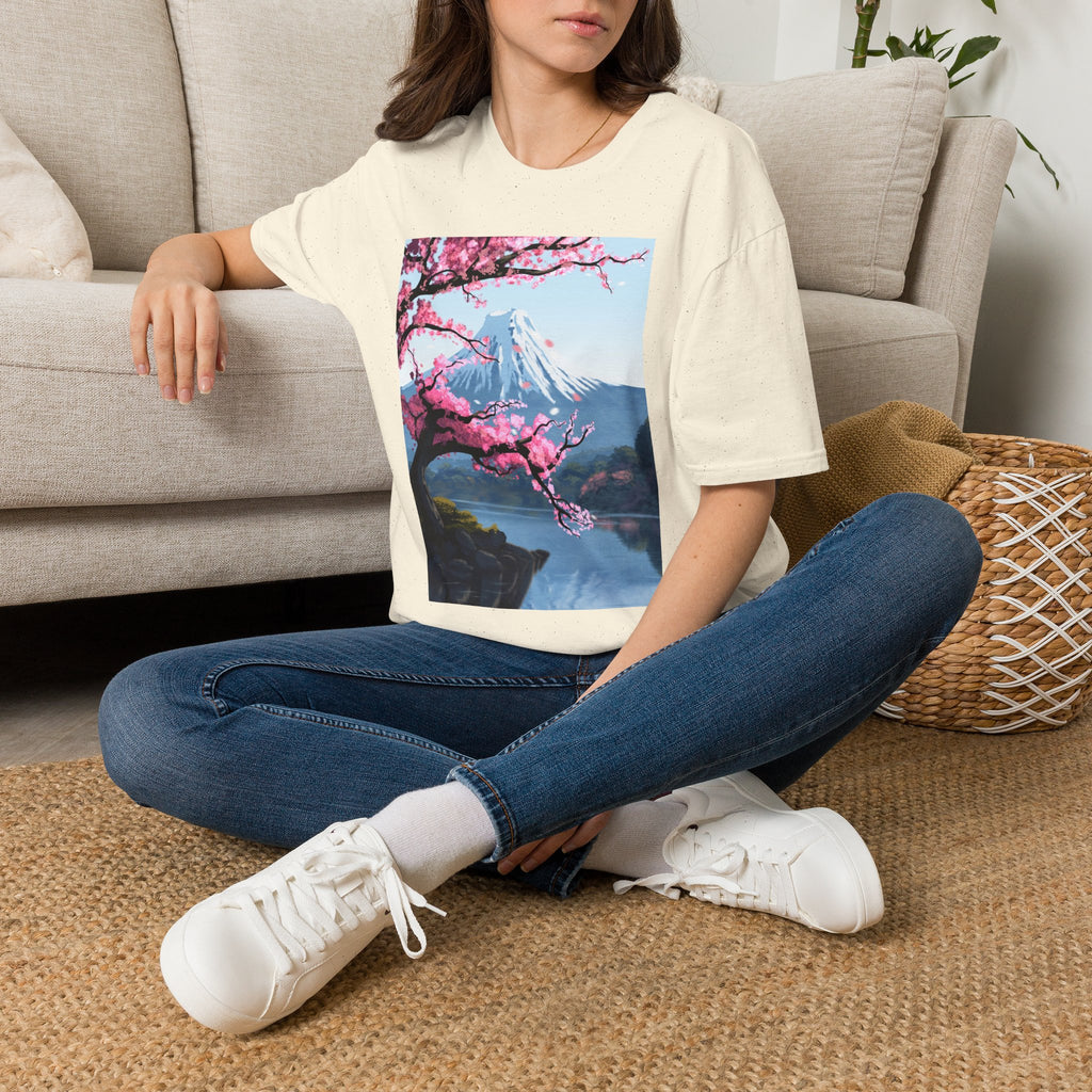 Scenic Sakura Mountain T-Shirt — Cherry Blossom & Snowy Peak Graphic Tee
