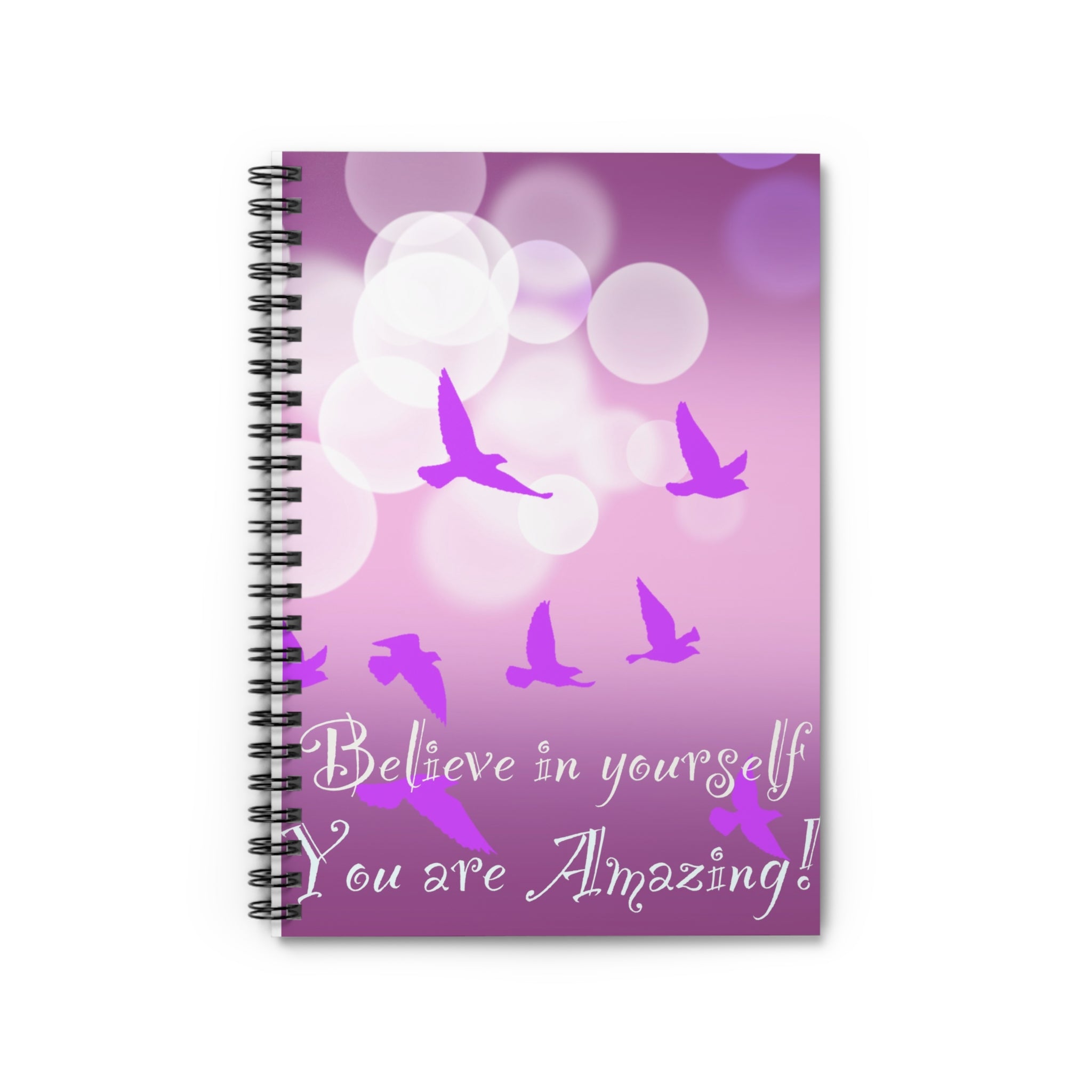 Inspirational Purple Bird Spiral Notebook — "Believe in Yourself, You are Amazing!"