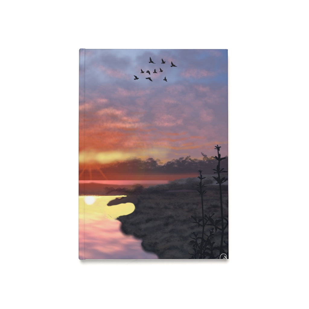 Sunset Lakeside Hardcover Journal — Tranquil Tree & Flying Birds A5 Notebook