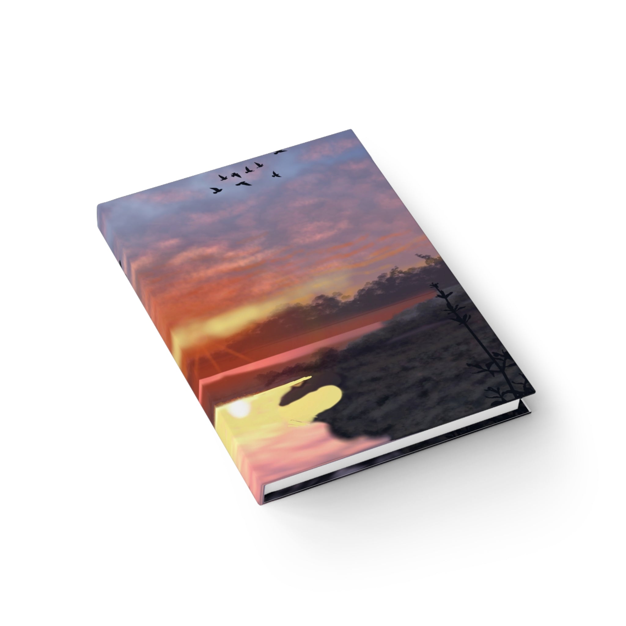Sunset Shoreline Ruled Journal — Serene Tree & Flying Geese Notebook