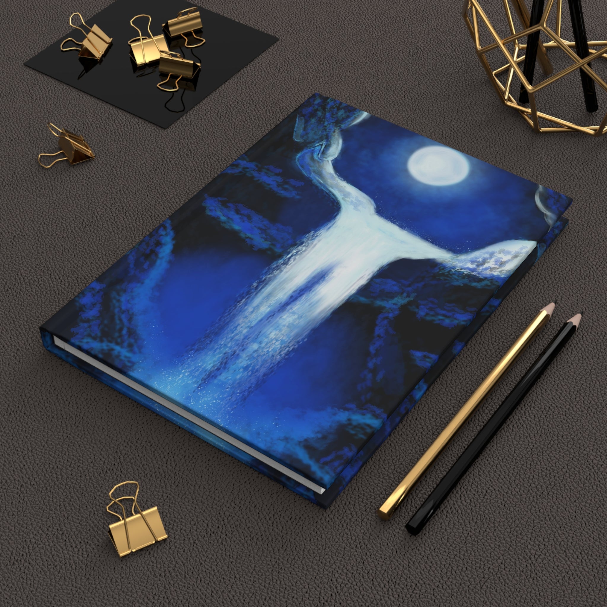 Moonlit Waterfall Hardcover Journal — Blue Fantasy Notebook for Dreams, Reflection & Creative Writing