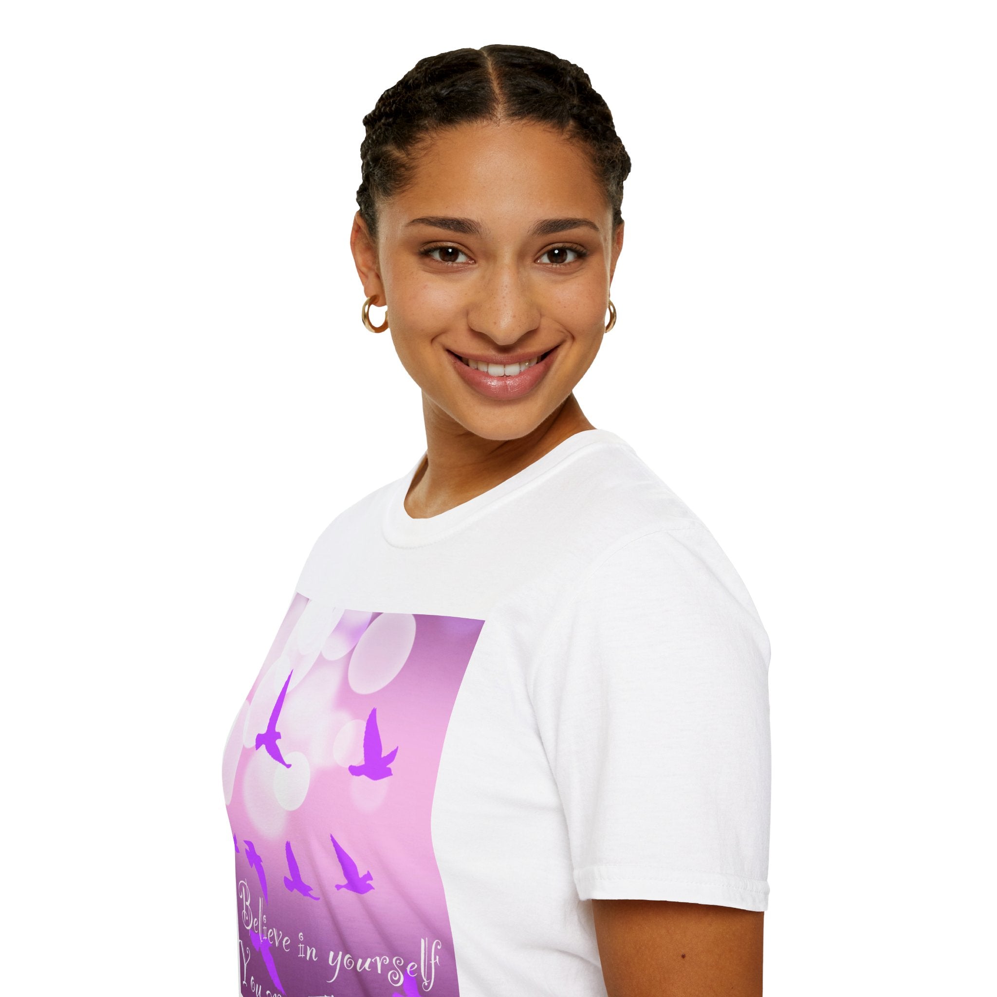T-Shirt — "Believe in Yourself, You are Amazing" Pink Bokeh Bird Graphic