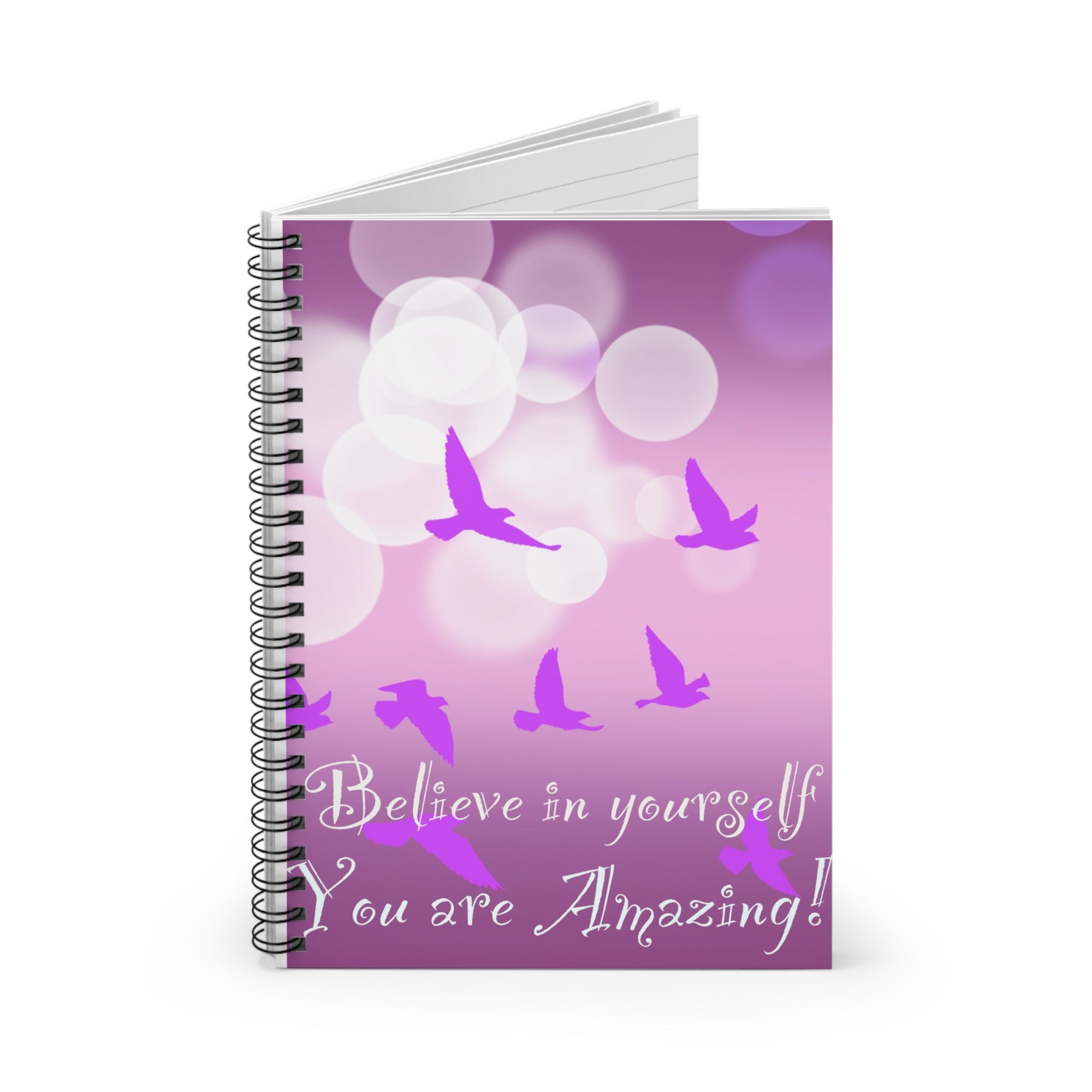 Inspirational Purple Bird Spiral Notebook — "Believe in Yourself, You are Amazing!"