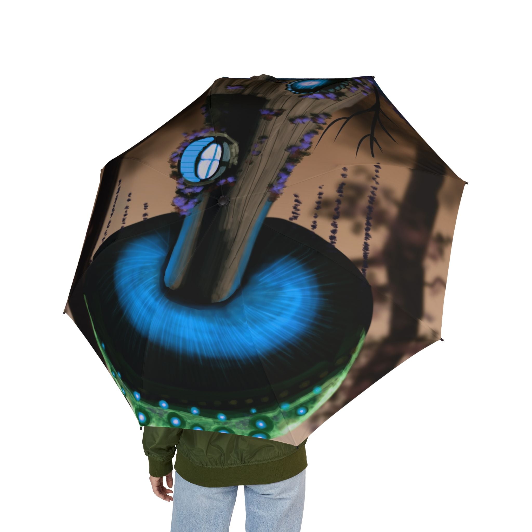 Peacock Feather Foldable Umbrella — Semi‑Automatic Compact Rain Umbrella