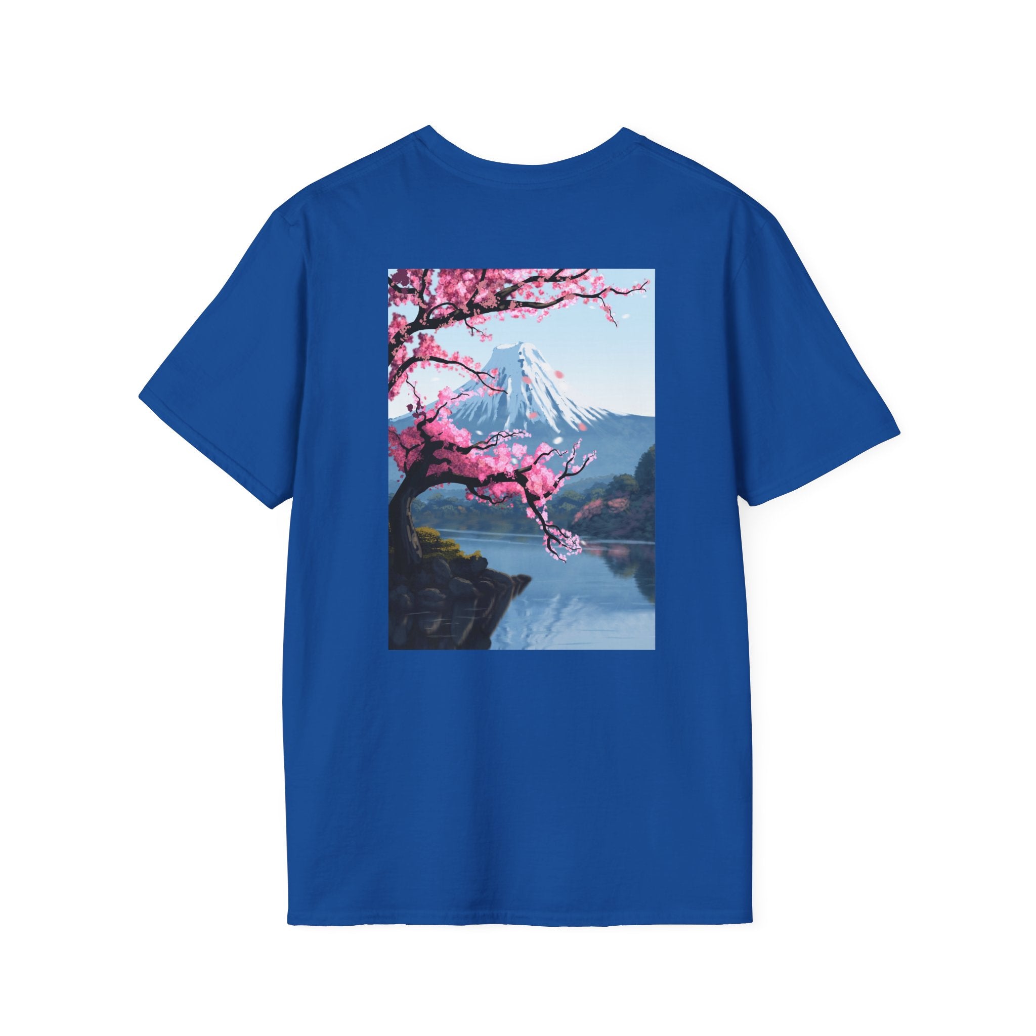 Scenic Sakura Mountain T-Shirt — Cherry Blossom & Snowy Peak Graphic Tee