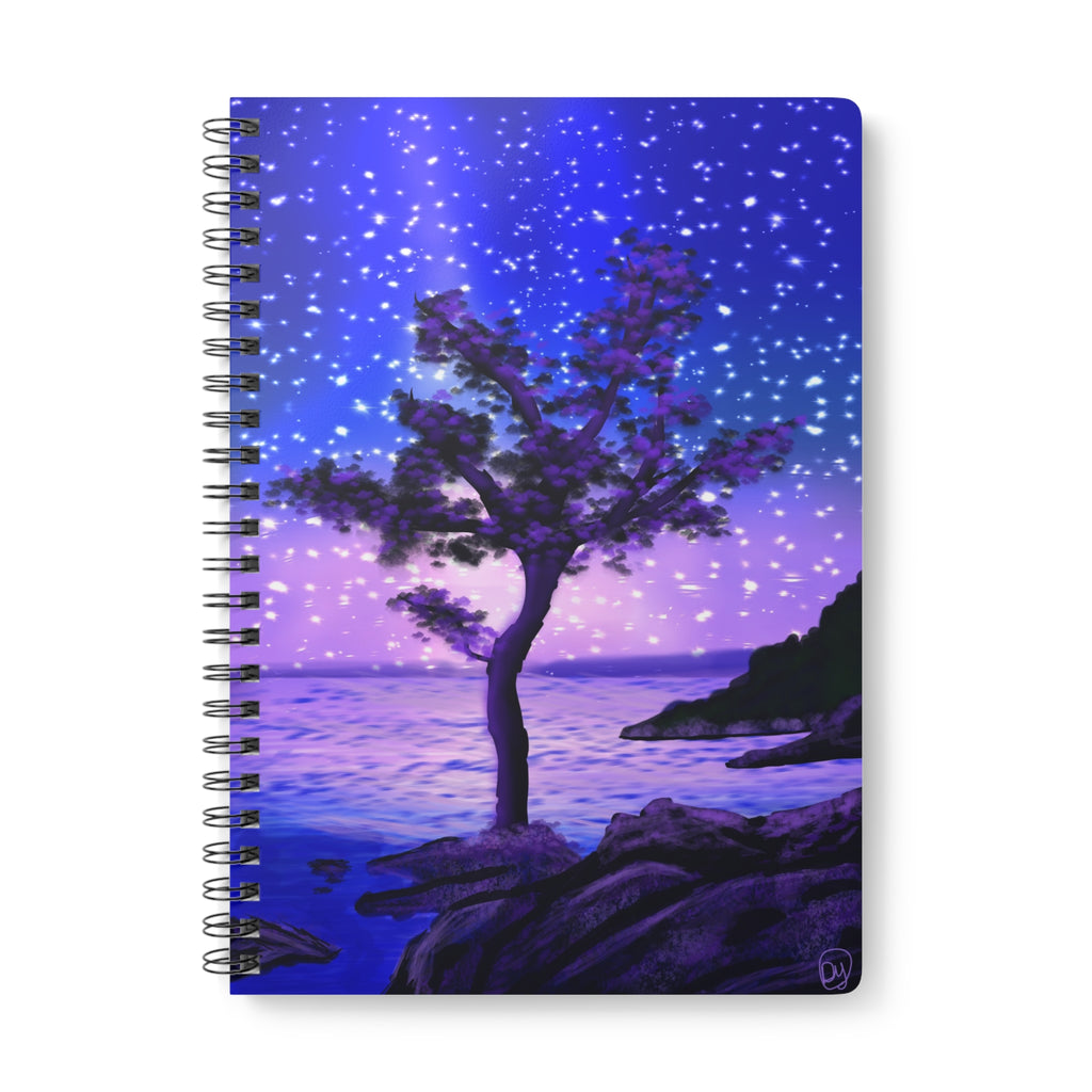 A5 Starry Night Coastal Notebook — Purple Tree Wirobound Journal