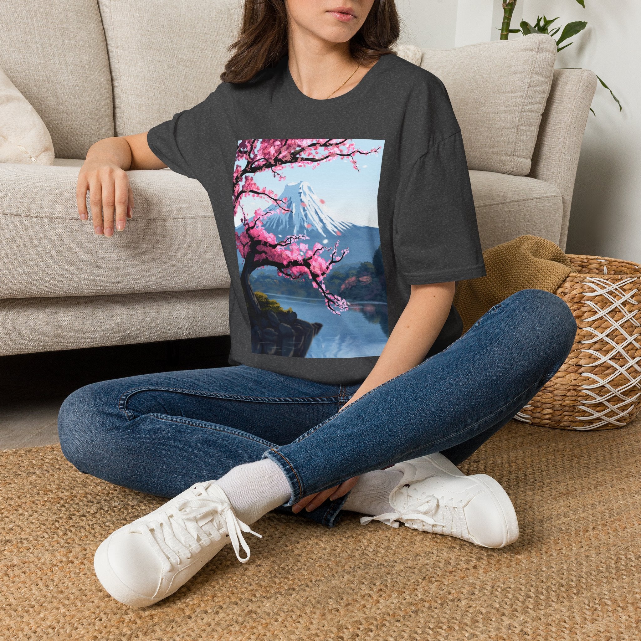 Scenic Sakura Mountain T-Shirt — Cherry Blossom & Snowy Peak Graphic Tee