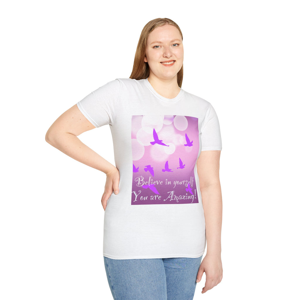 T-Shirt — "Believe in Yourself, You are Amazing" Pink Bokeh Bird Graphic