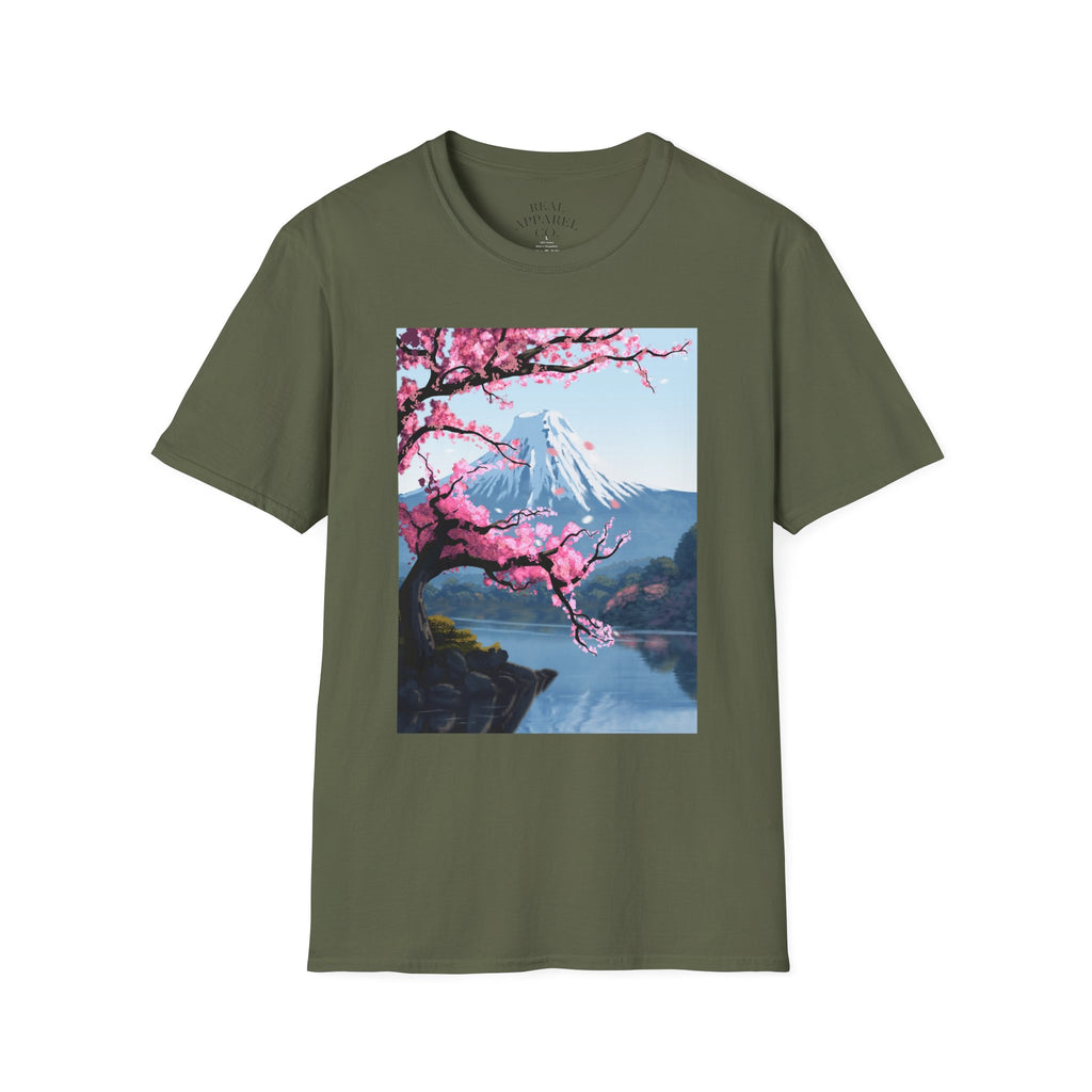 Scenic Sakura Mountain T-Shirt — Cherry Blossom & Snowy Peak Graphic Tee