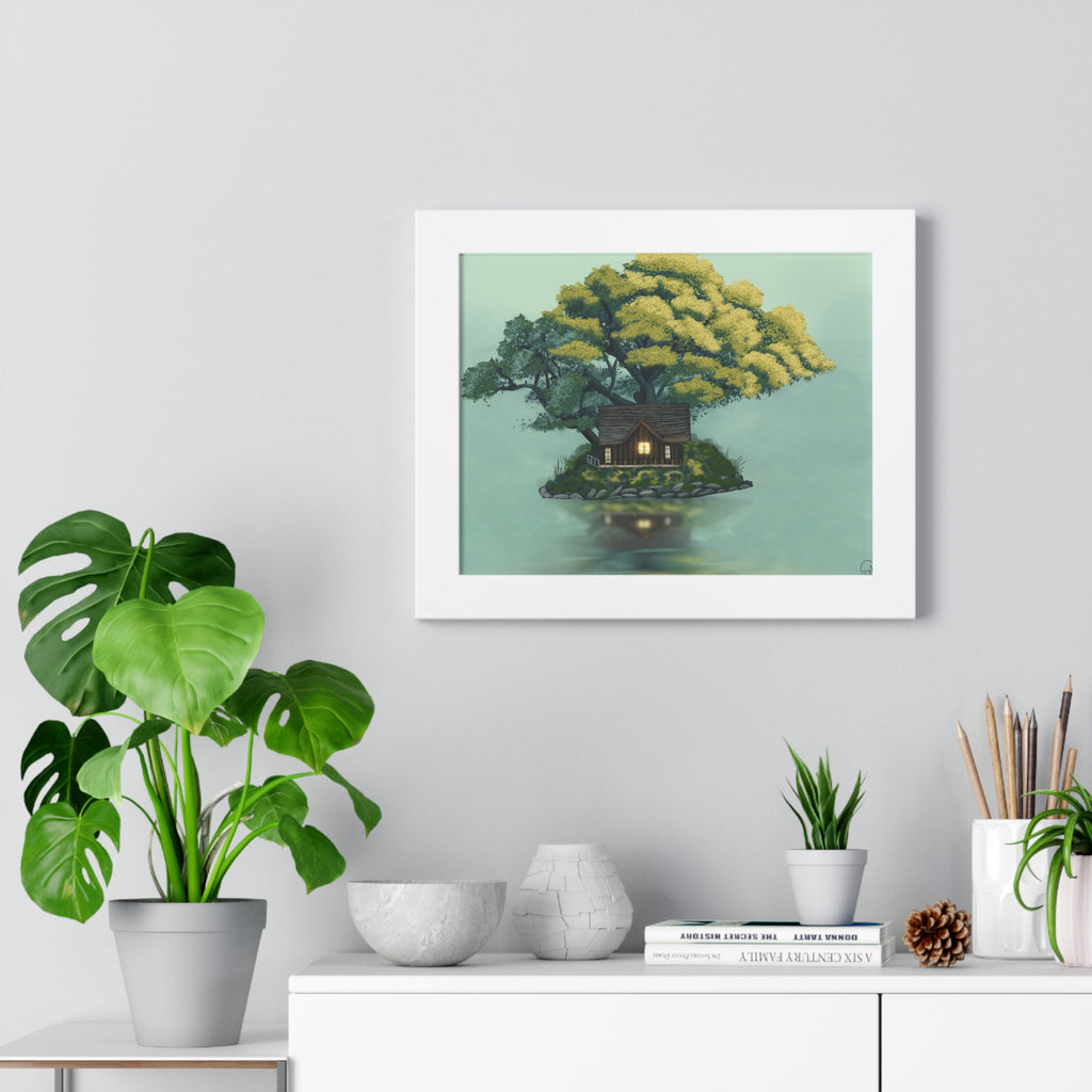 Framed Poster — Cozy Cabin on Floating Island Art Print