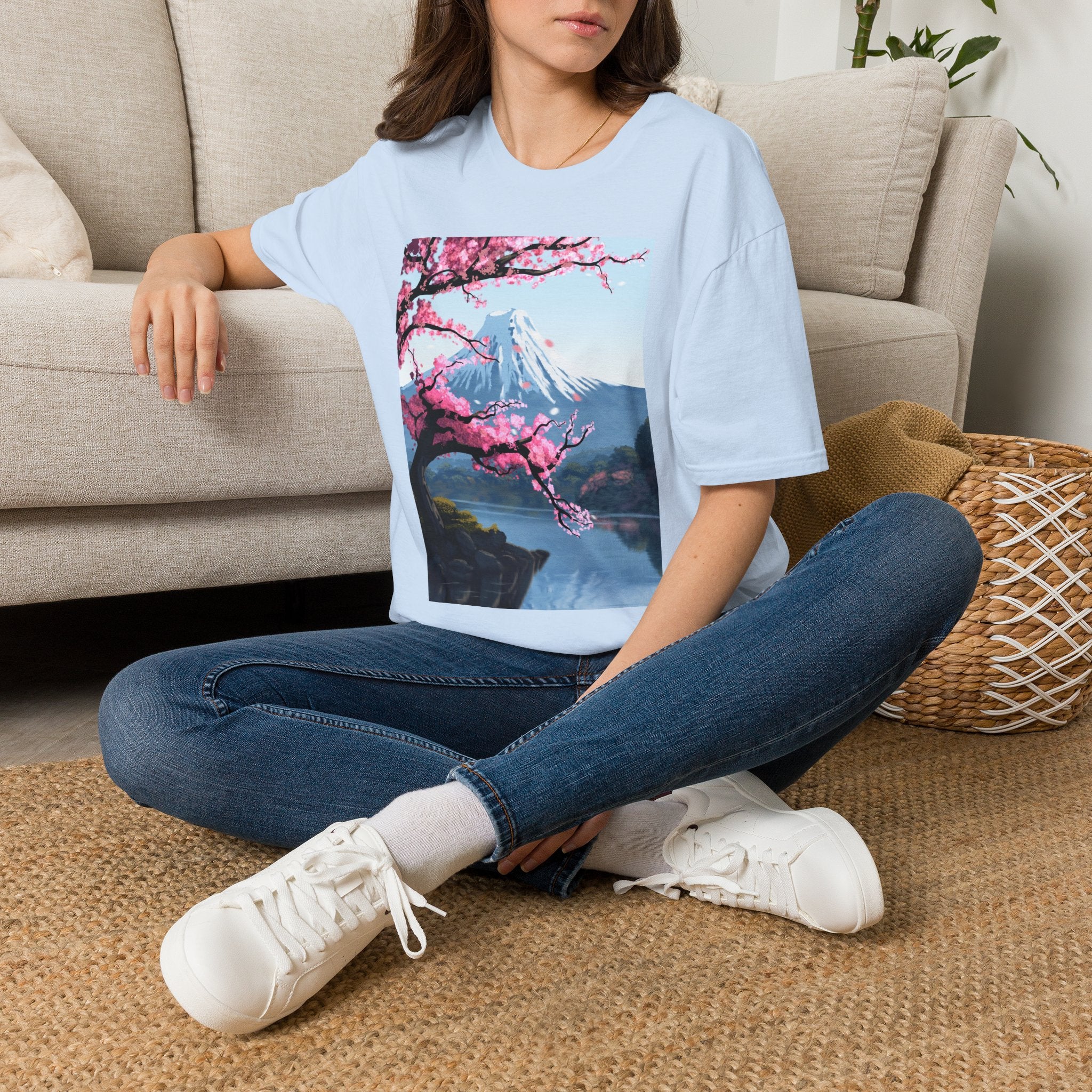 Scenic Sakura Mountain T-Shirt — Cherry Blossom & Snowy Peak Graphic Tee