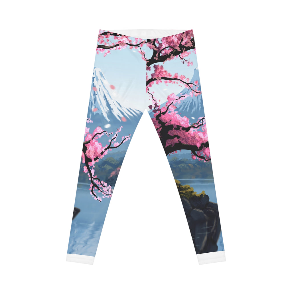 Cherry Blossom Mountains Leggings — Scenic Sakura All-Over Print