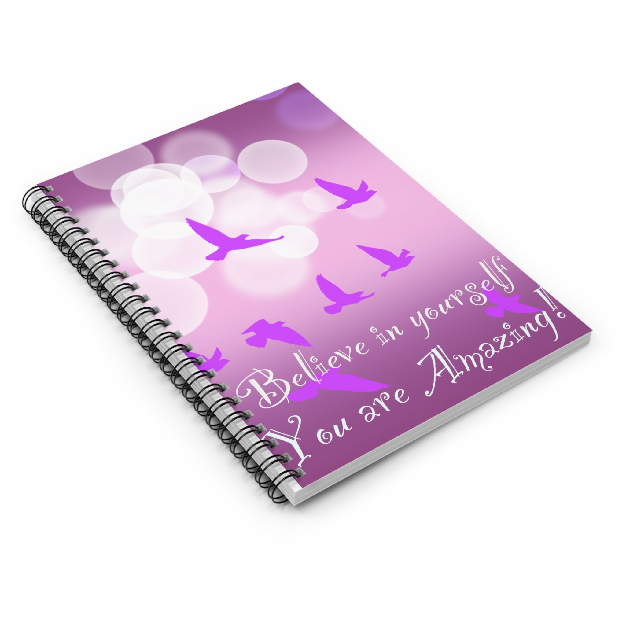 Inspirational Purple Bird Spiral Notebook — "Believe in Yourself, You are Amazing!"
