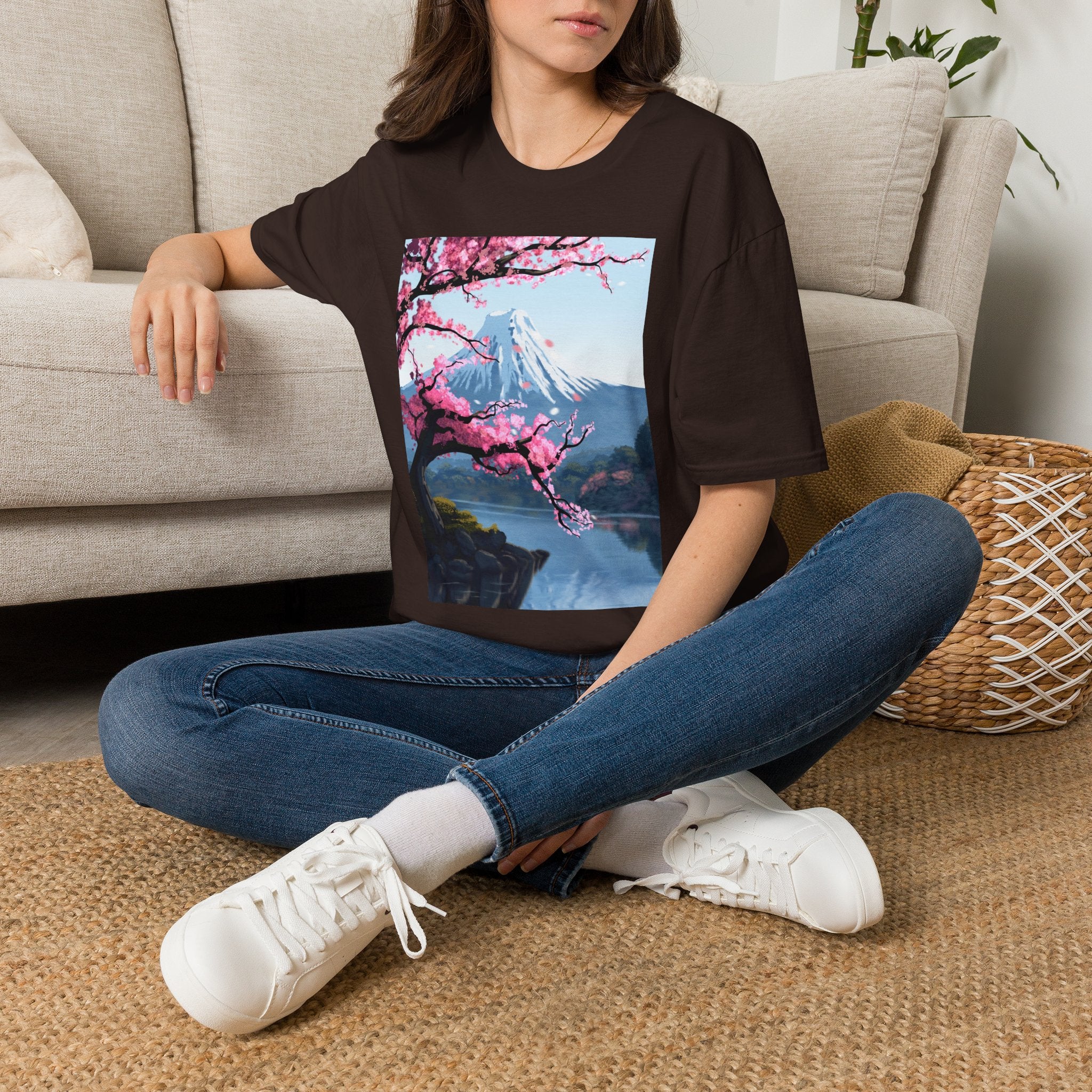 Scenic Sakura Mountain T-Shirt — Cherry Blossom & Snowy Peak Graphic Tee