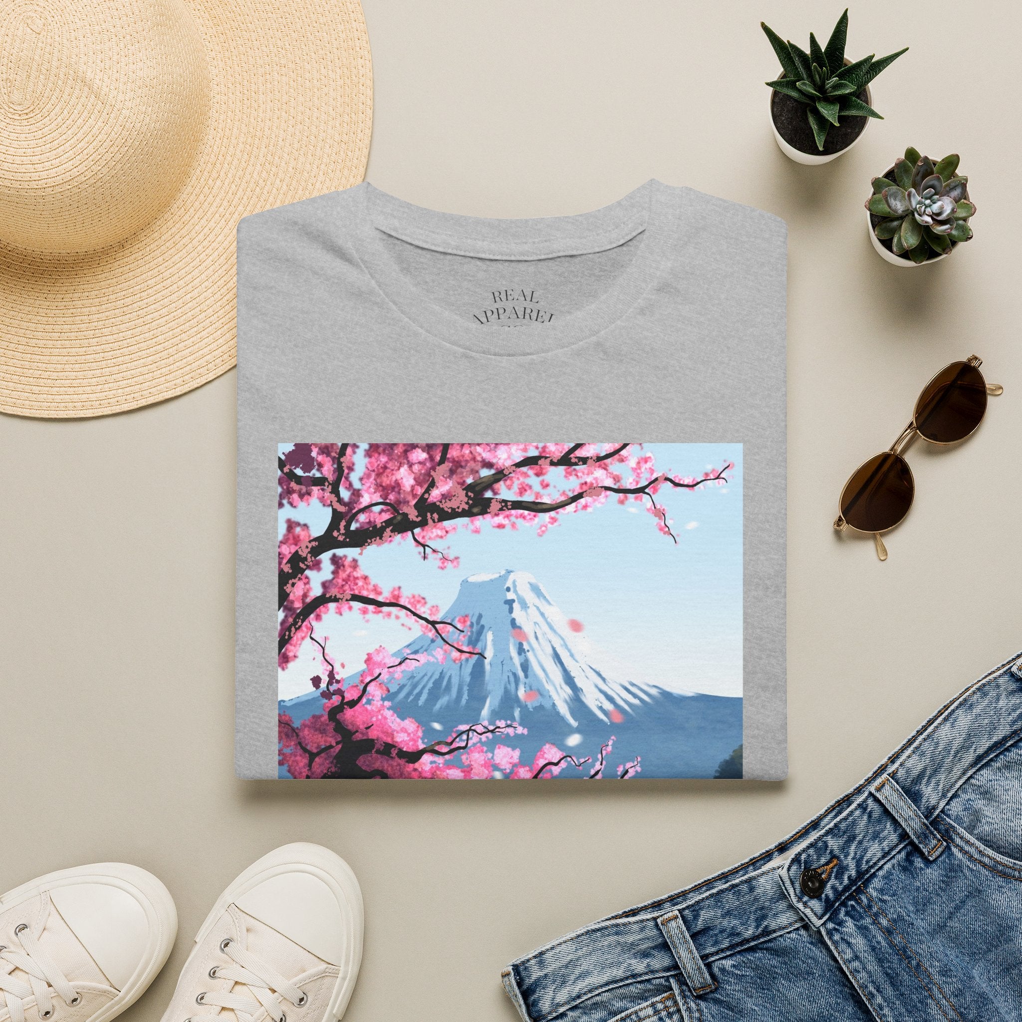 Scenic Sakura Mountain T-Shirt — Cherry Blossom & Snowy Peak Graphic Tee
