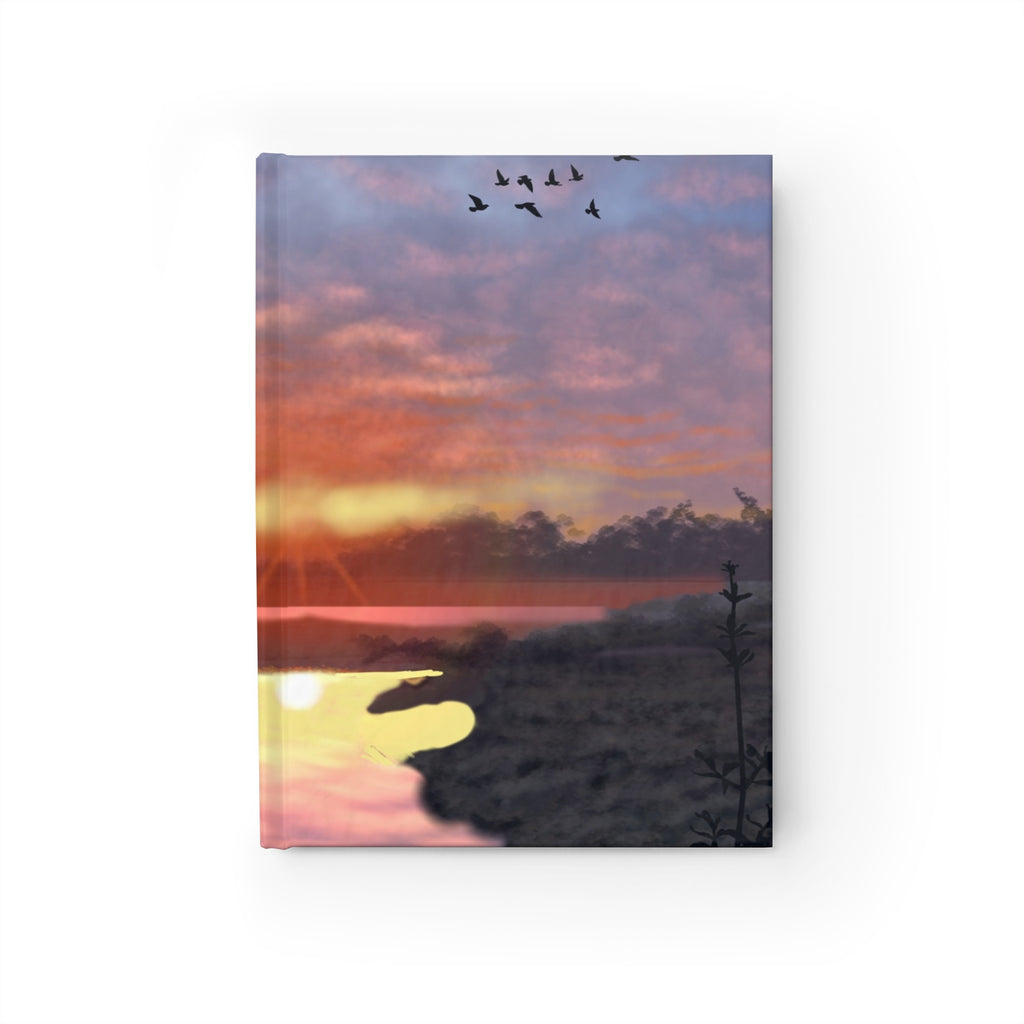 Sunset Shoreline Ruled Journal — Serene Tree & Flying Geese Notebook
