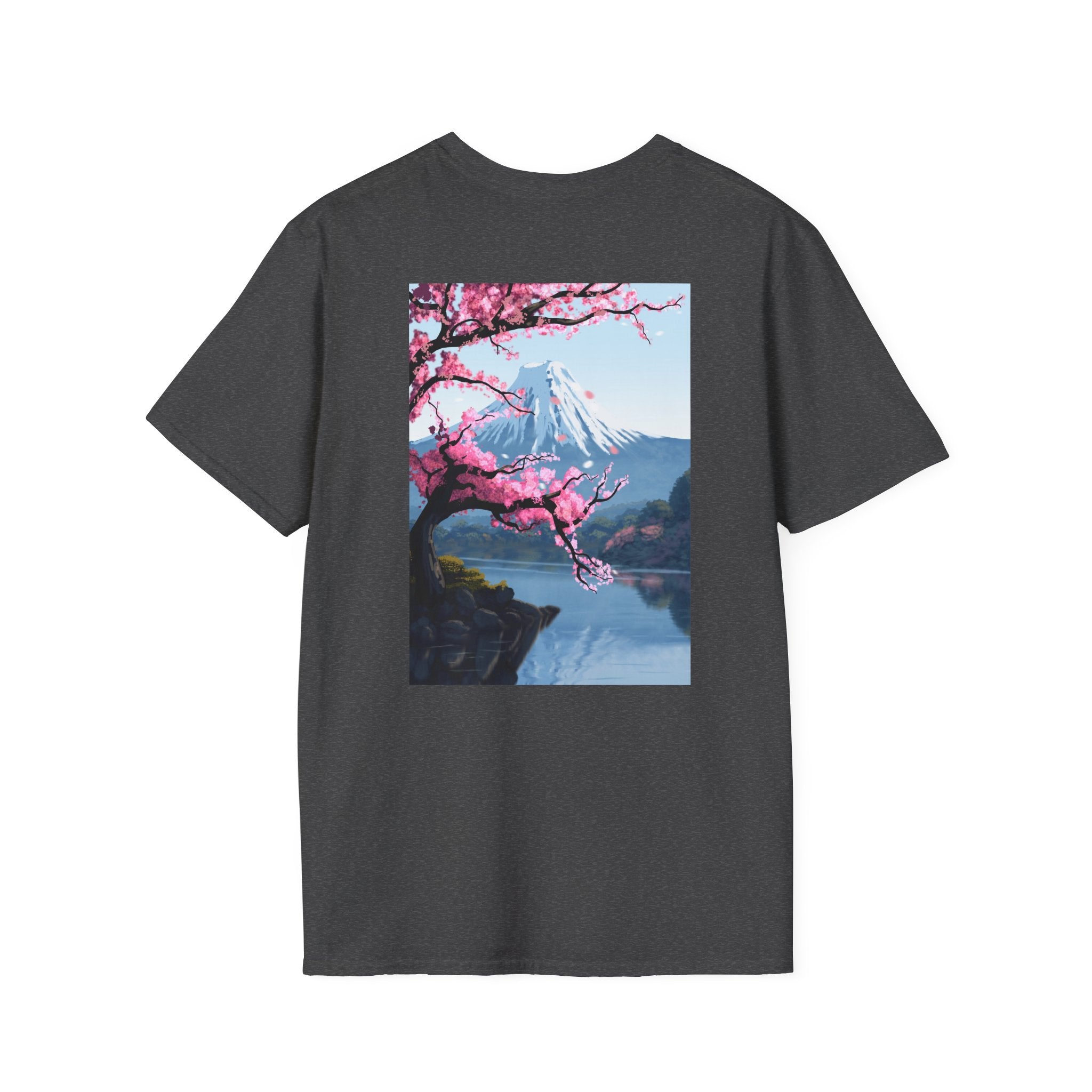 Scenic Sakura Mountain T-Shirt — Cherry Blossom & Snowy Peak Graphic Tee