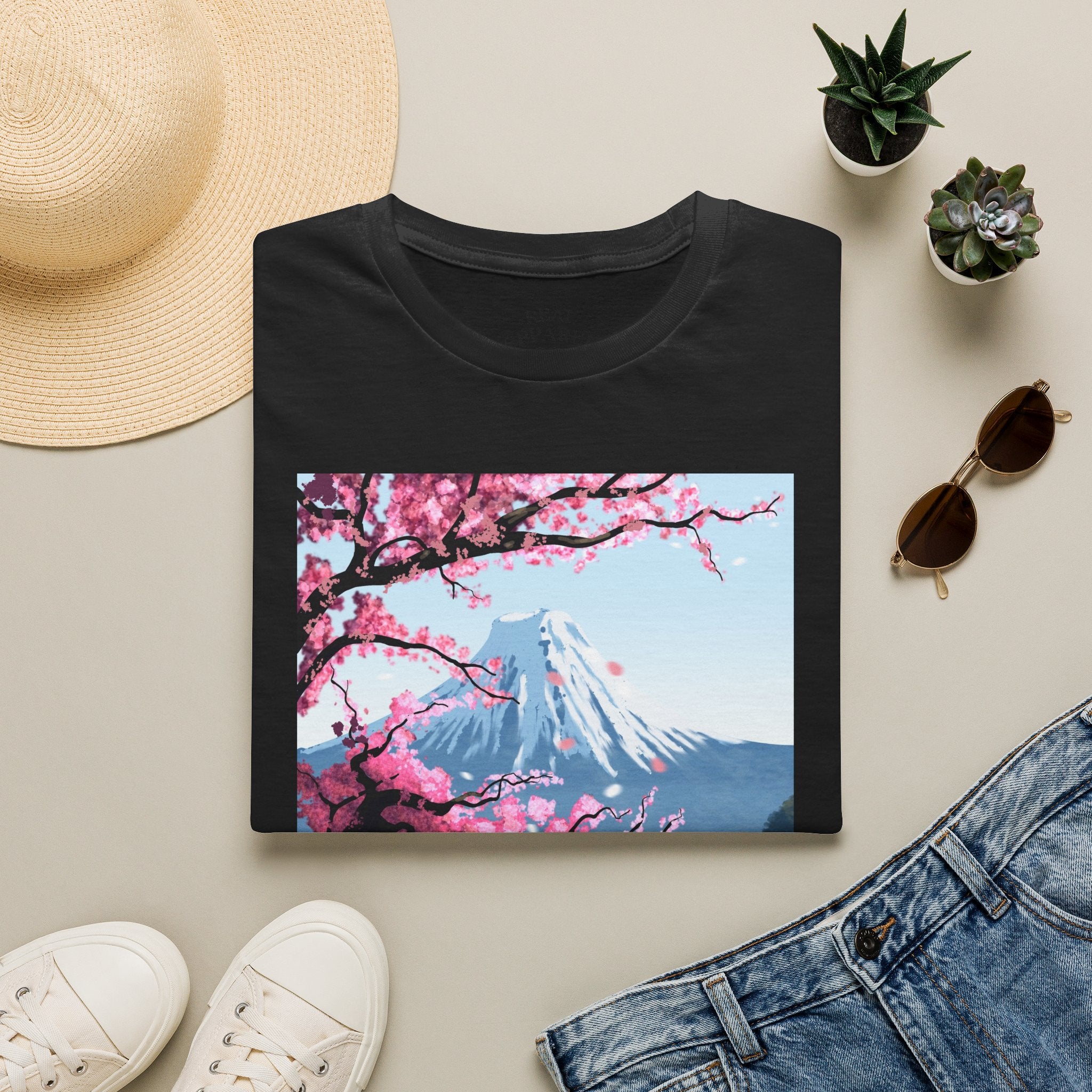 Scenic Sakura Mountain T-Shirt — Cherry Blossom & Snowy Peak Graphic Tee