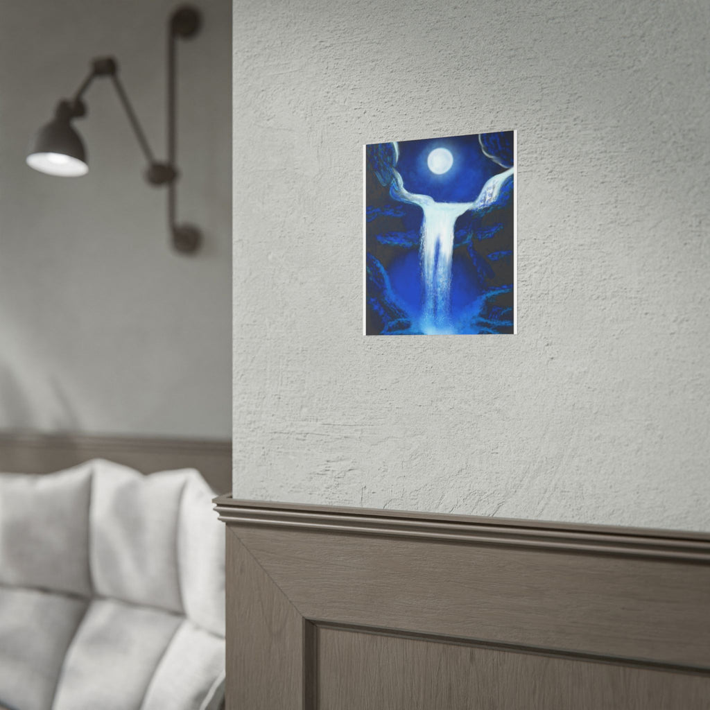 Moonlit Waterfall Poster — Blue Night Nature Wall Art (Rolled Poster)