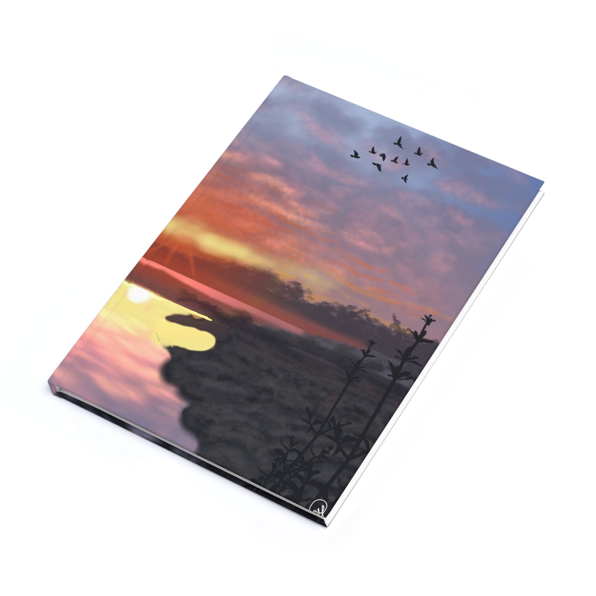 Sunset Lakeside Hardcover Journal — Tranquil Tree & Flying Birds A5 Notebook