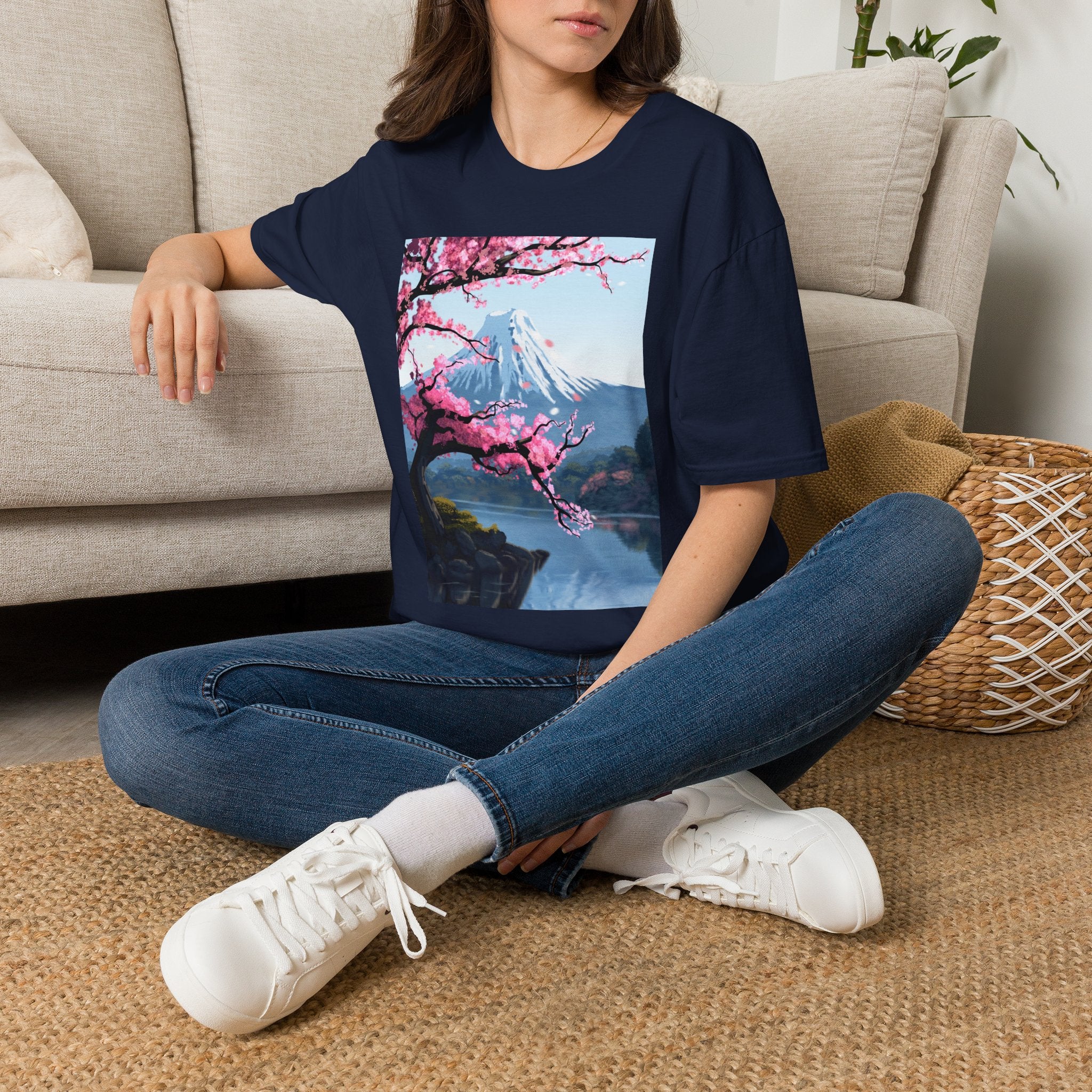 Scenic Sakura Mountain T-Shirt — Cherry Blossom & Snowy Peak Graphic Tee