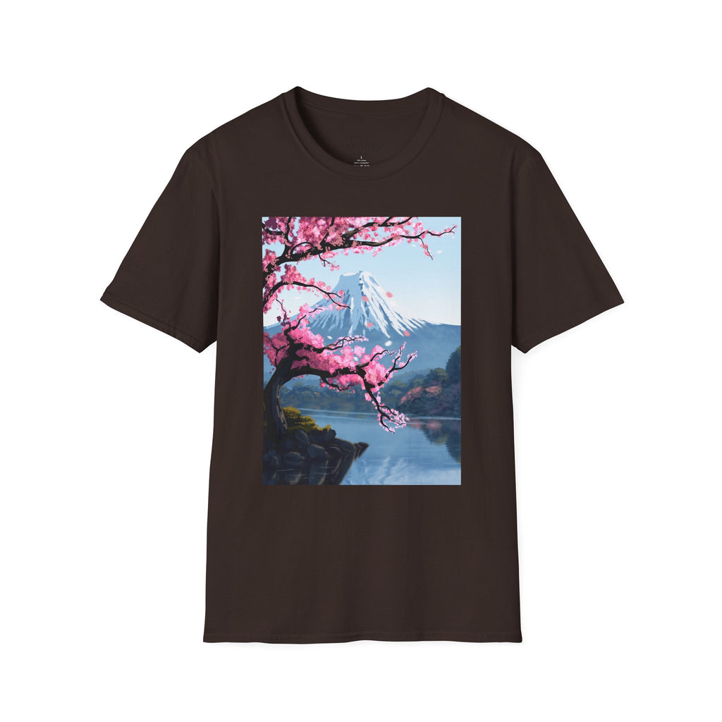 Scenic Sakura Mountain T-Shirt — Cherry Blossom & Snowy Peak Graphic Tee