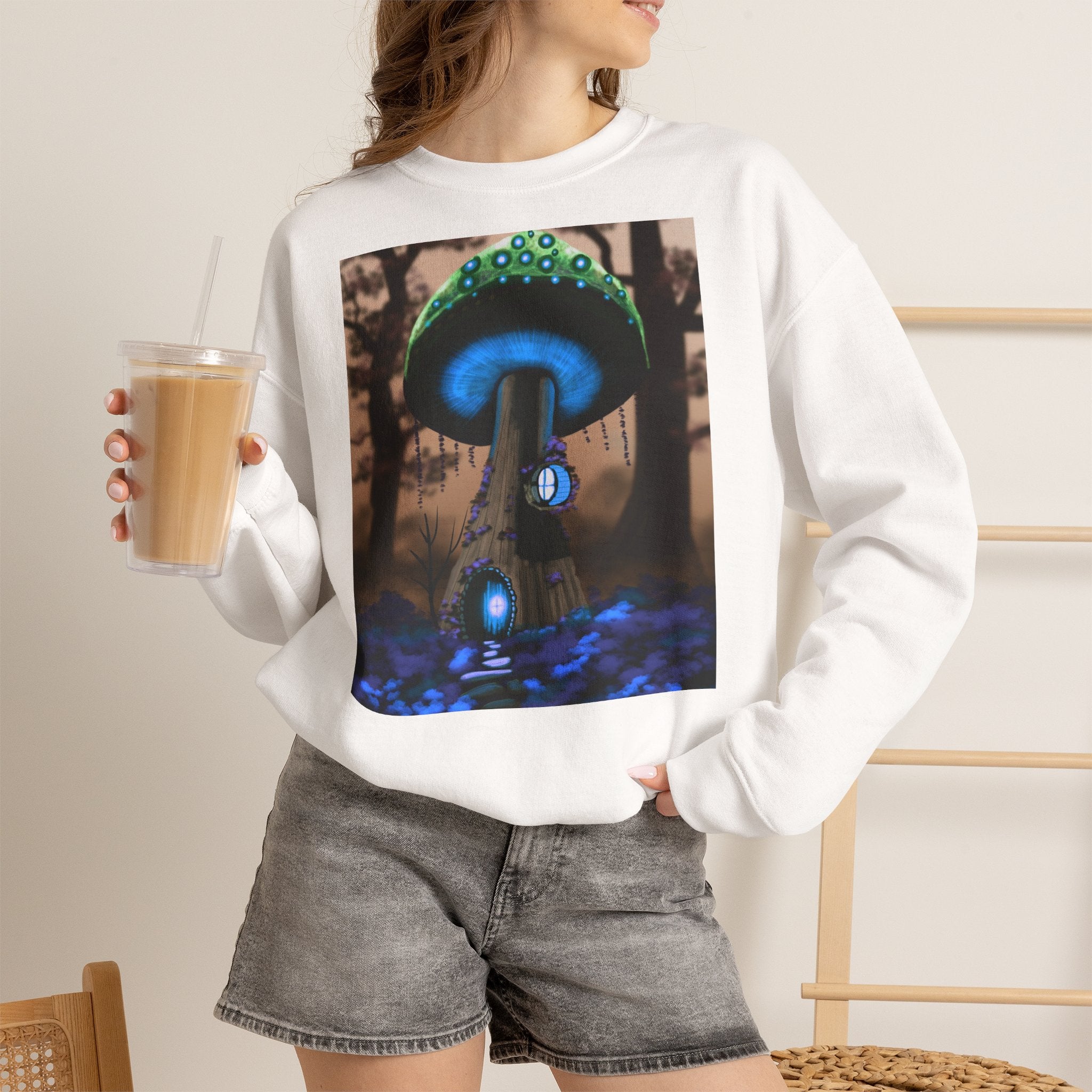 Magic Mushroom Crewneck Sweatshirt - Neon Mushroom Forest Graphic