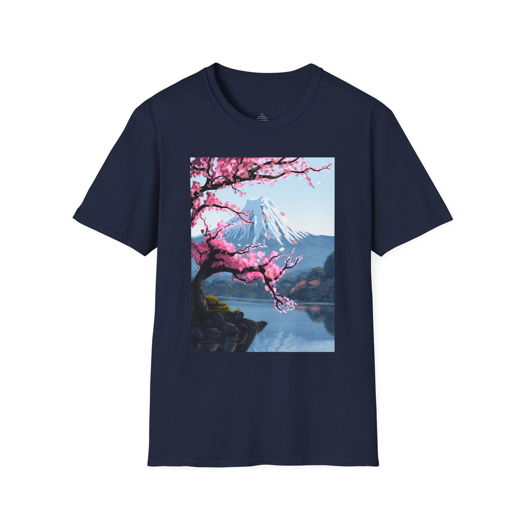 Scenic Sakura Mountain T-Shirt — Cherry Blossom & Snowy Peak Graphic Tee