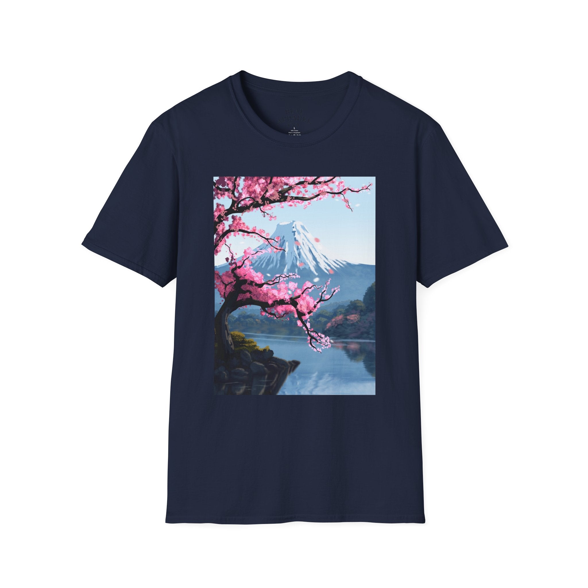 Scenic Sakura Mountain T-Shirt — Cherry Blossom & Snowy Peak Graphic Tee