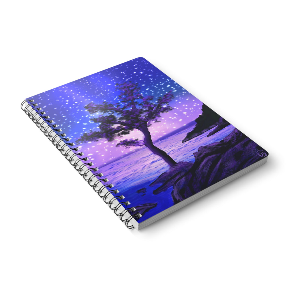 A5 Starry Night Coastal Notebook — Purple Tree Wirobound Journal