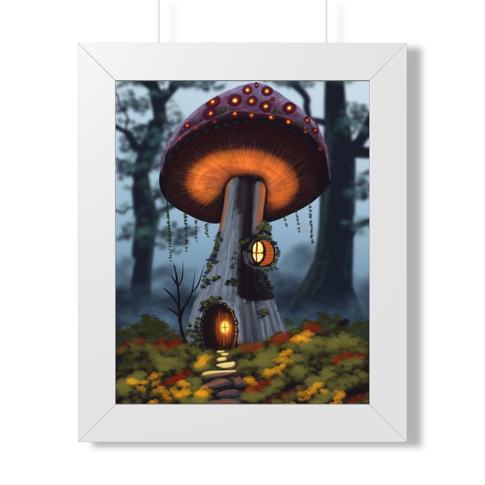 Mushroom Cottage Framed Poster — Whimsical Forest Fantasy Wall Art