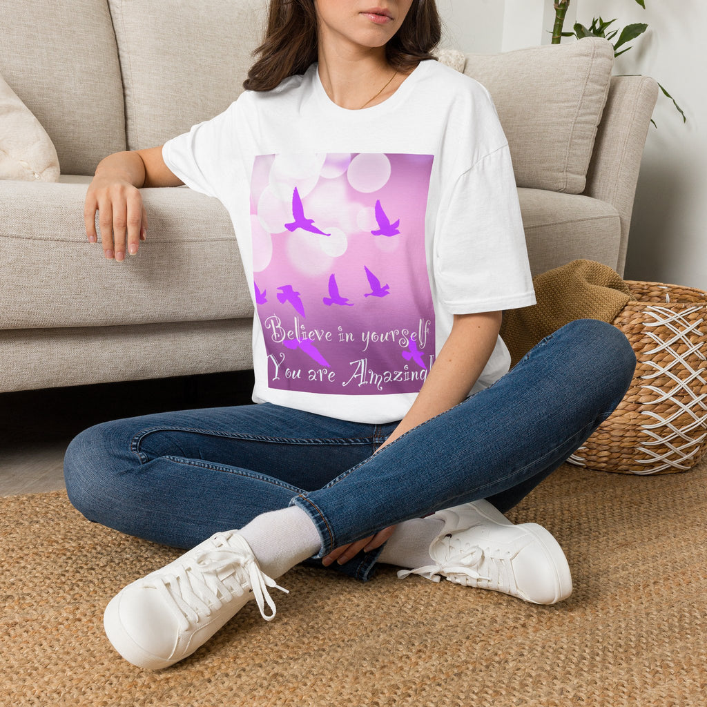 T-Shirt — "Believe in Yourself, You are Amazing" Pink Bokeh Bird Graphic