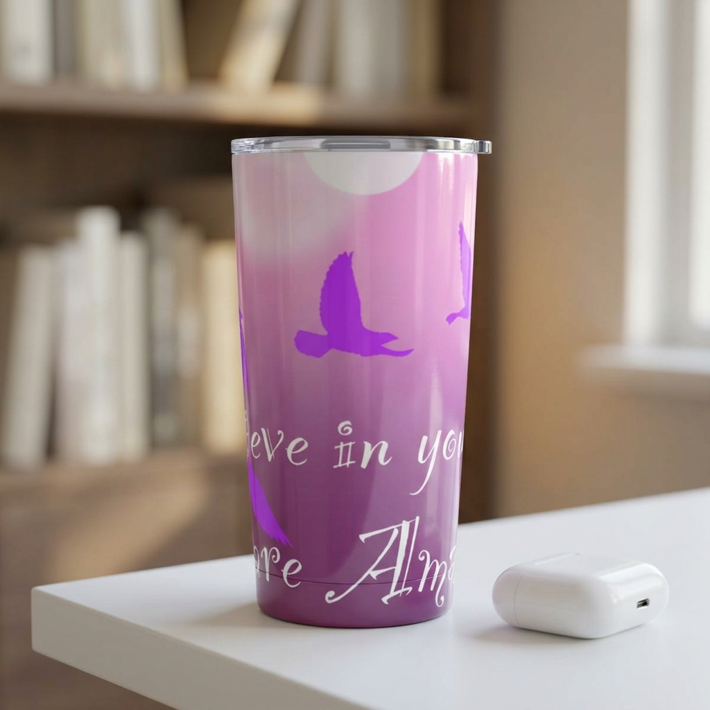 20oz Inspirational Travel Tumbler — Pink Birds "Believe in Yourself"