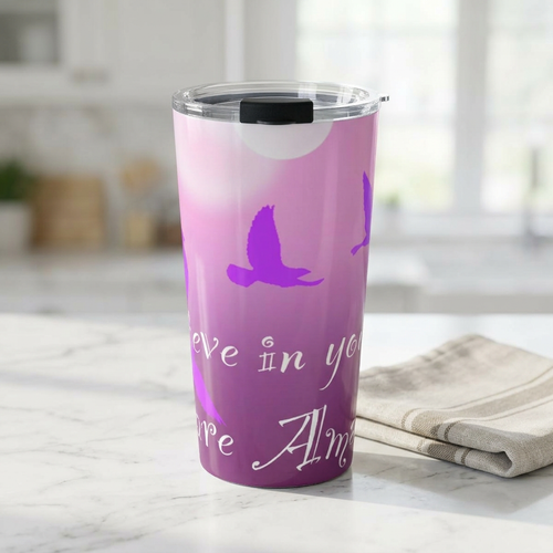 20oz Inspirational Travel Tumbler — Pink Birds "Believe in Yourself"
