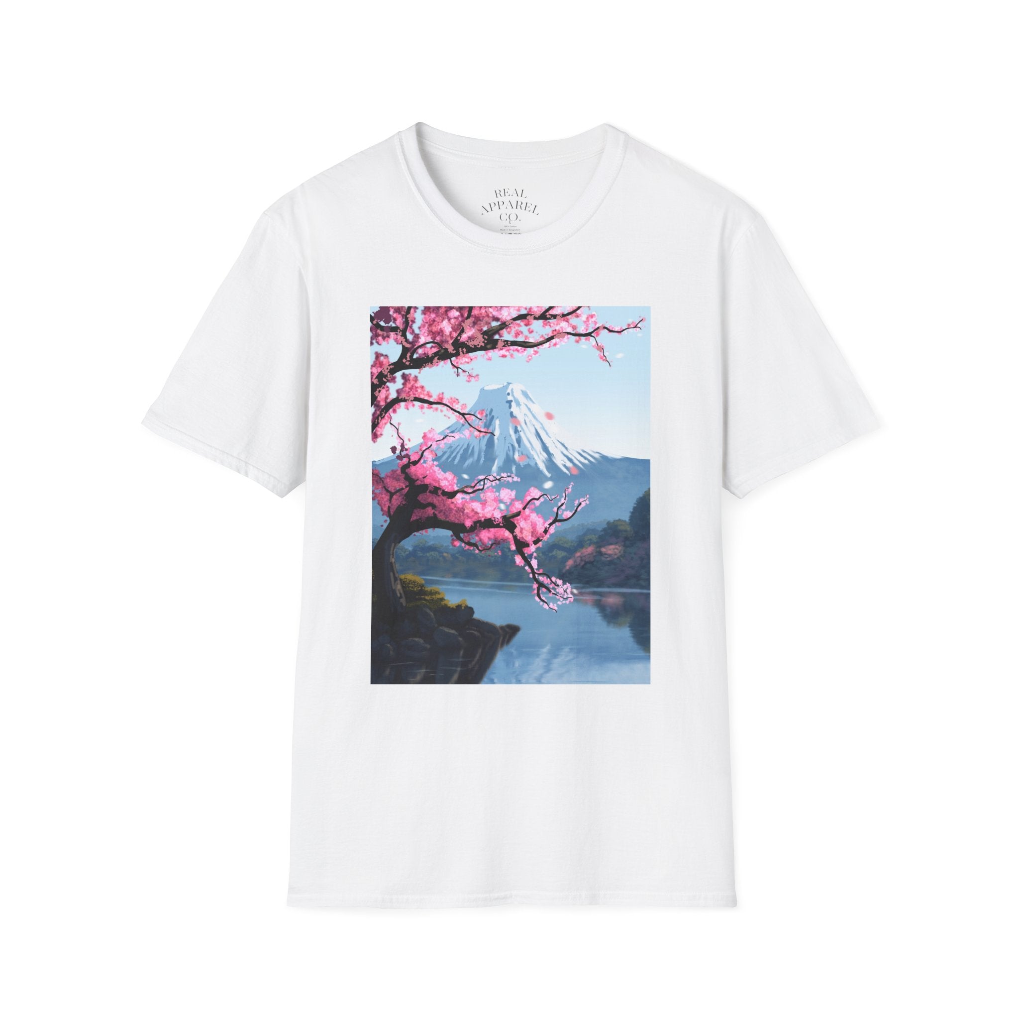 Scenic Sakura Mountain T-Shirt — Cherry Blossom & Snowy Peak Graphic Tee