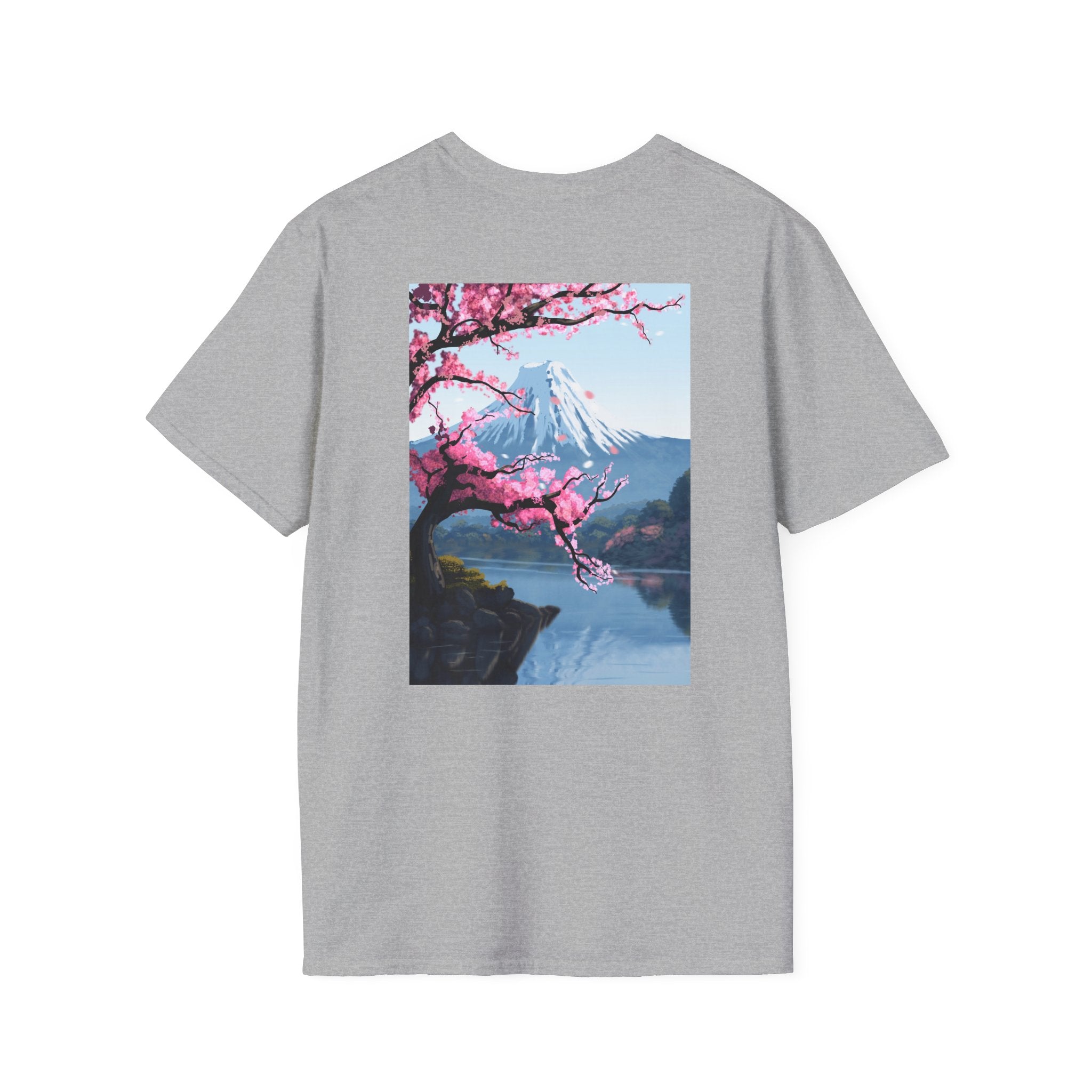 Scenic Sakura Mountain T-Shirt — Cherry Blossom & Snowy Peak Graphic Tee