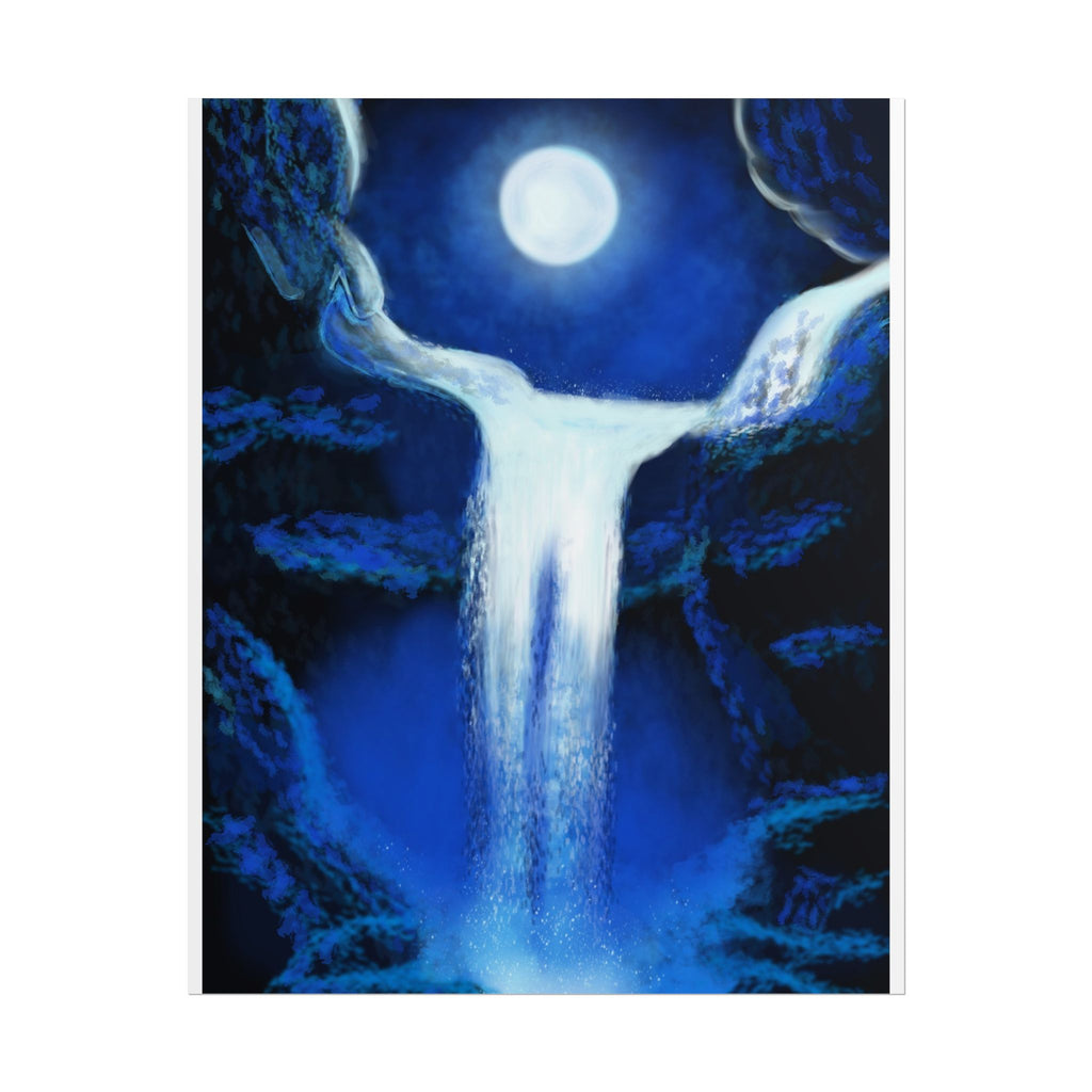 Moonlit Waterfall Poster — Blue Night Nature Wall Art (Rolled Poster)